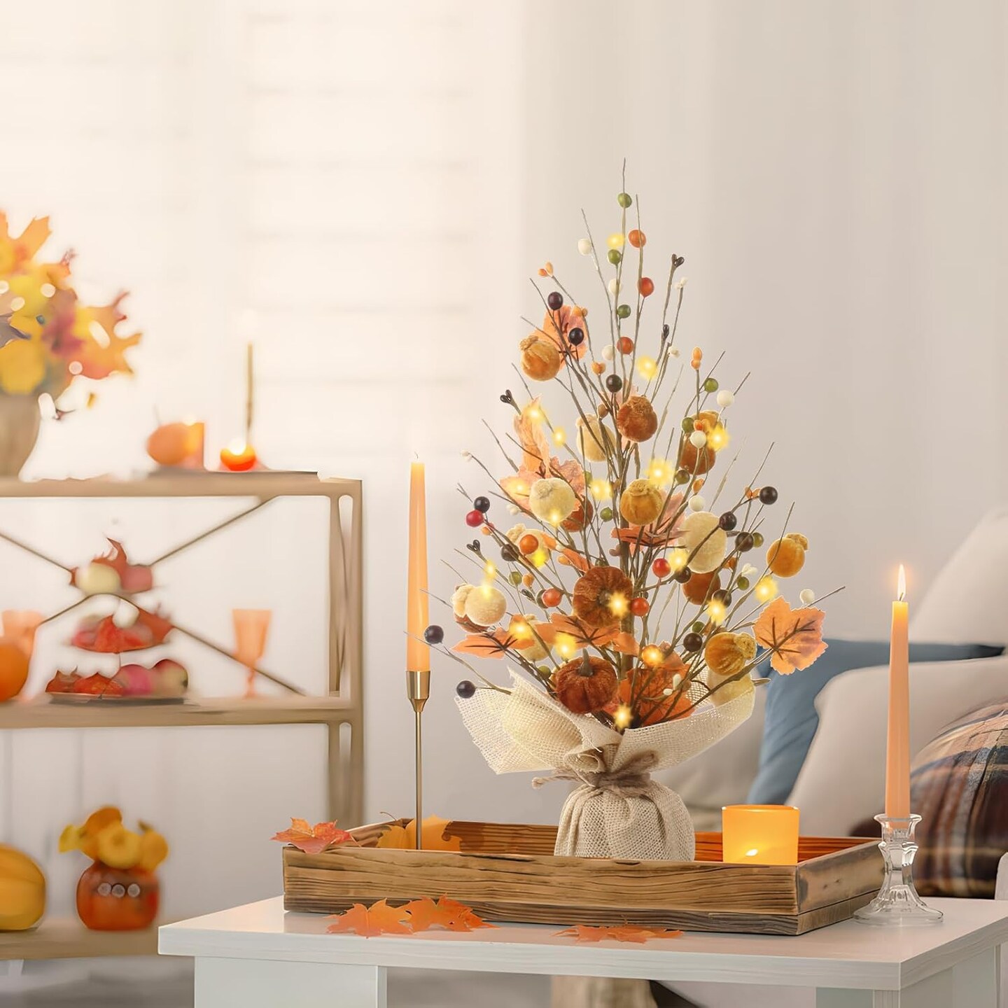 Berry Maple Leaf Pumpkin Tree Tabletop Decor