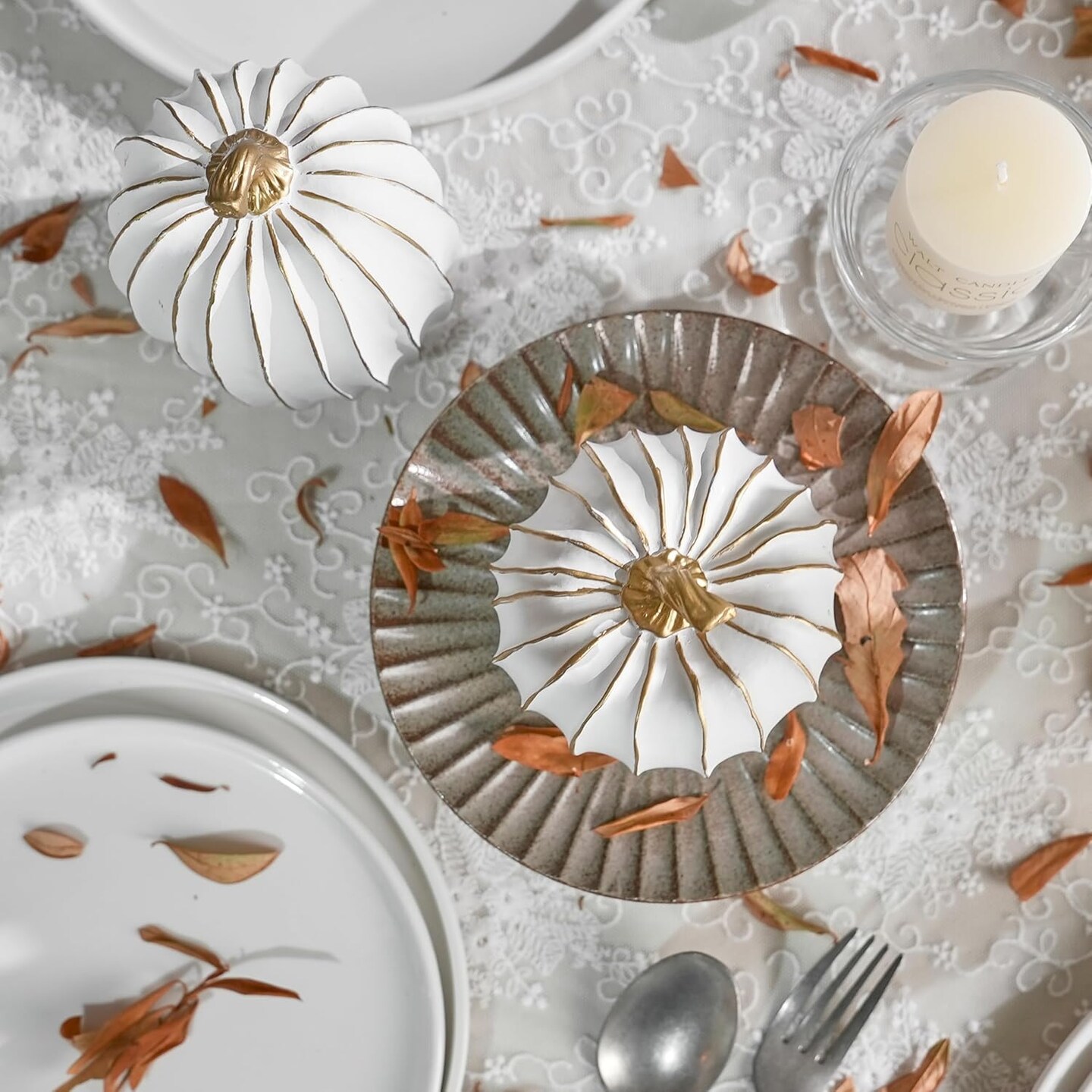 White and Gold Fall Pumpkin Decor - Set of 2