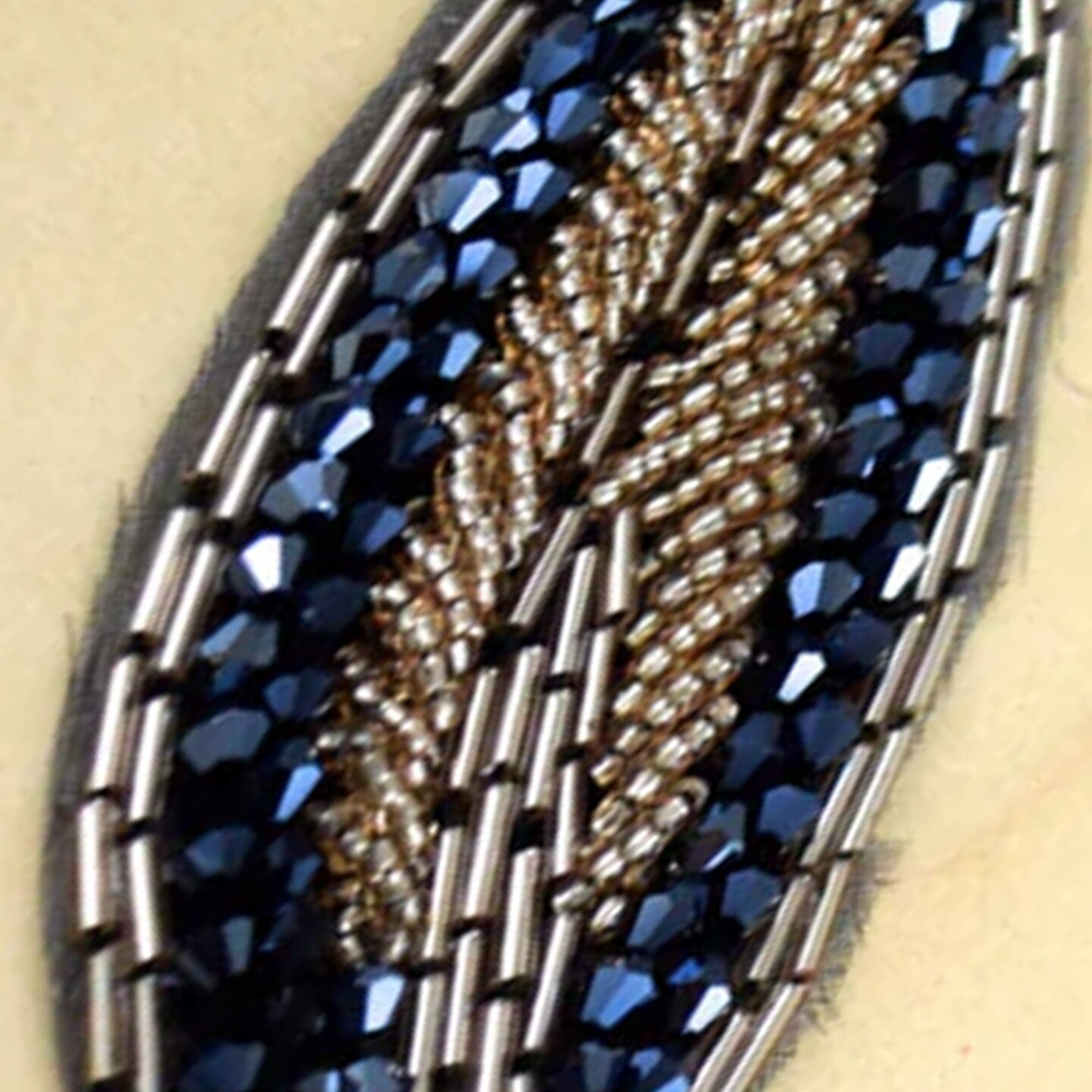 1 Patch 5" Leaf Navy Champagne Beaded Iron On Applique Patch for Dresses and Crafts