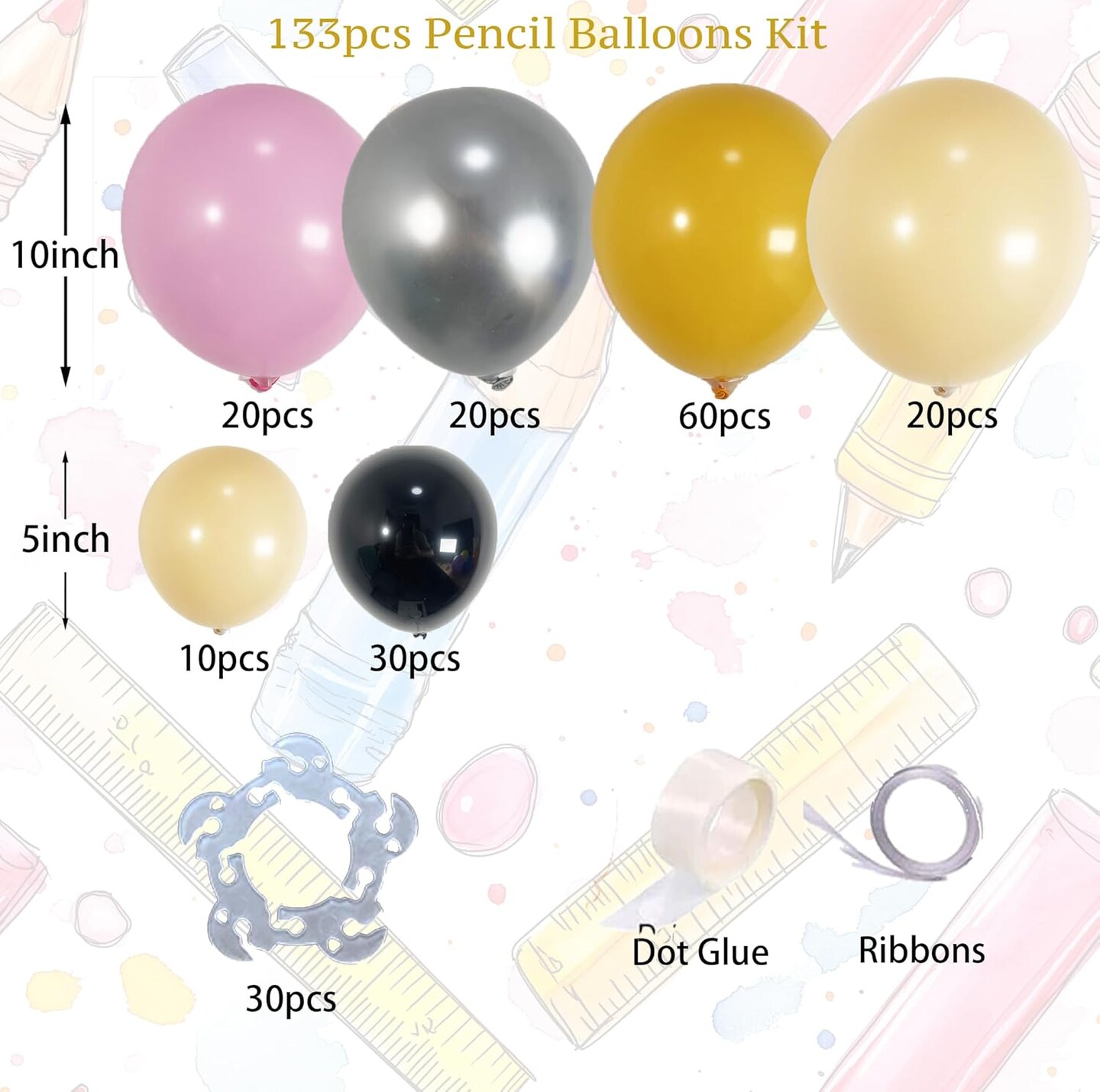 192PCS Pencil Balloon Arch Garland Kit (Pink, Metallic Silver, Lemon Yellow, Nude, Black) 5.5 x 2.1 x 6.5 inches
