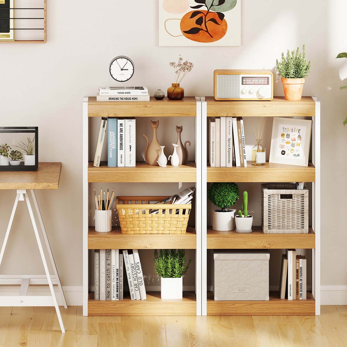 Costway 1/2 PCS 4 Tier Bookshelf Wooden Bookcase with Dual Anti-Tipping Kits Open Shelving Unit Natural/Brown