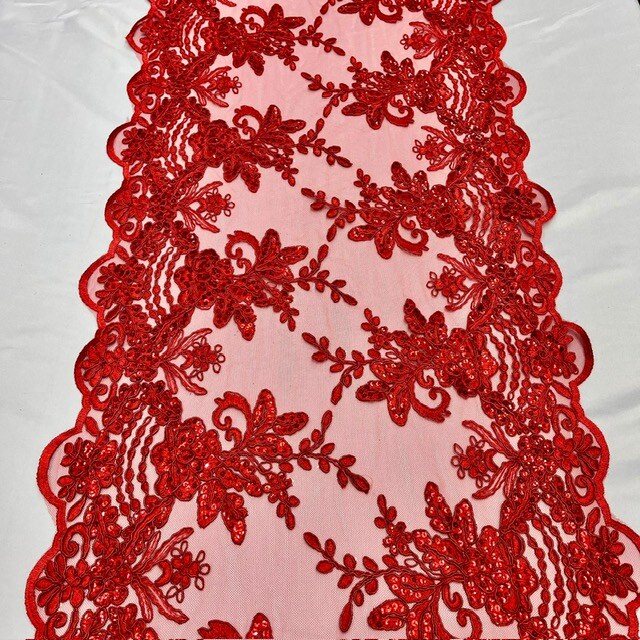 1 Yard Red Sequin Lace Fabric Embroidered Mesh Polyester for Evening Gowns Prom Dresses 54" Width
