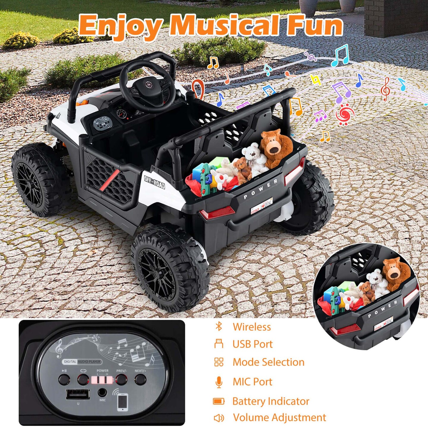 Costway 12V Kids Ride on Truck with Parental Remote 3 Speeds & Reverse Forward Function White/Red/Pink