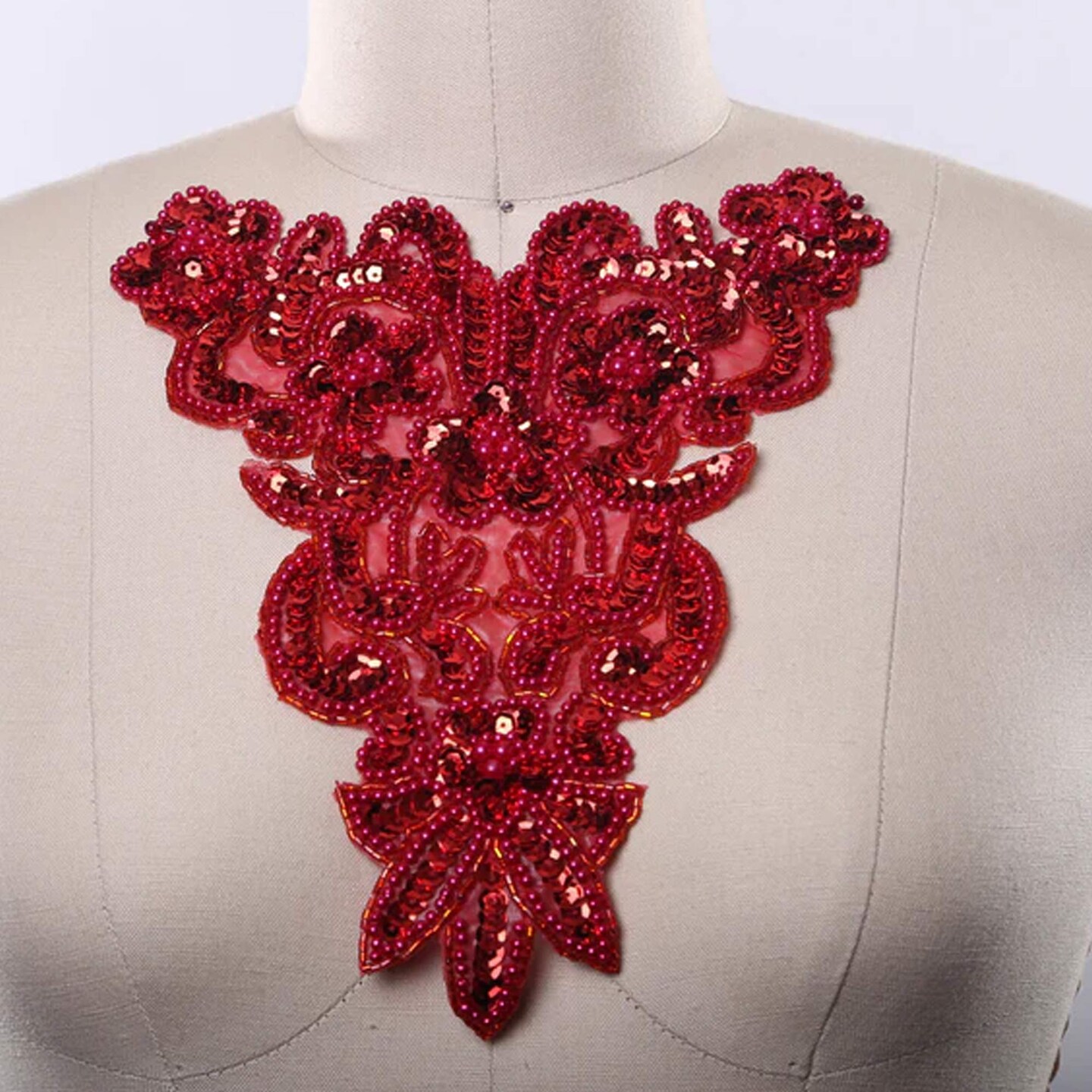 9" x 7" Red Pearl Sequin Neckline Collar Applique for Costume Wedding Dress or DIY Fashion