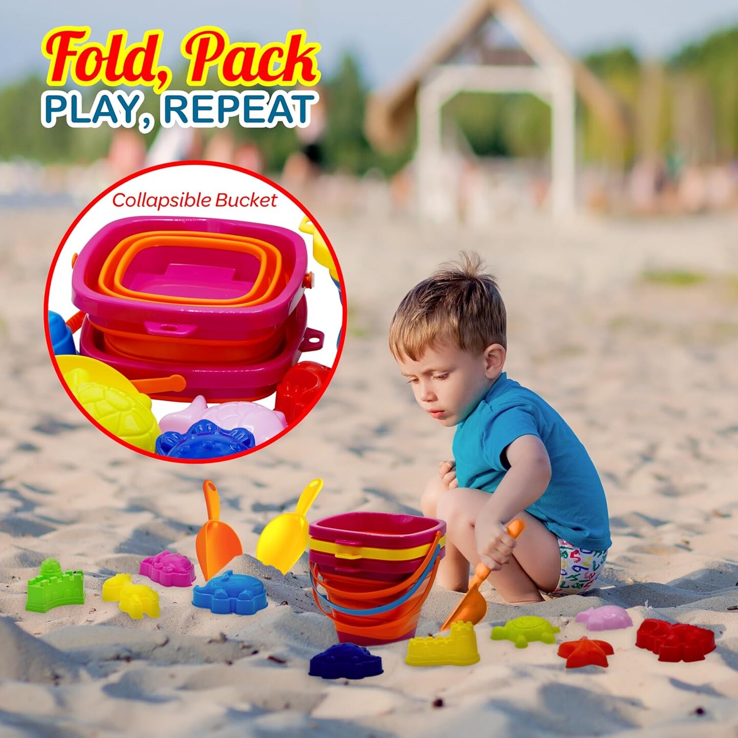 4E's Novelty 17 Pcs Beach Toys for Kids Travel - Sandcastle Building Kit 3 Collapsible Beach Bucket, 3 Shovels, 10 Sand Molds & Mesh Beach Bag, Collapsible Beach Toys for Kids