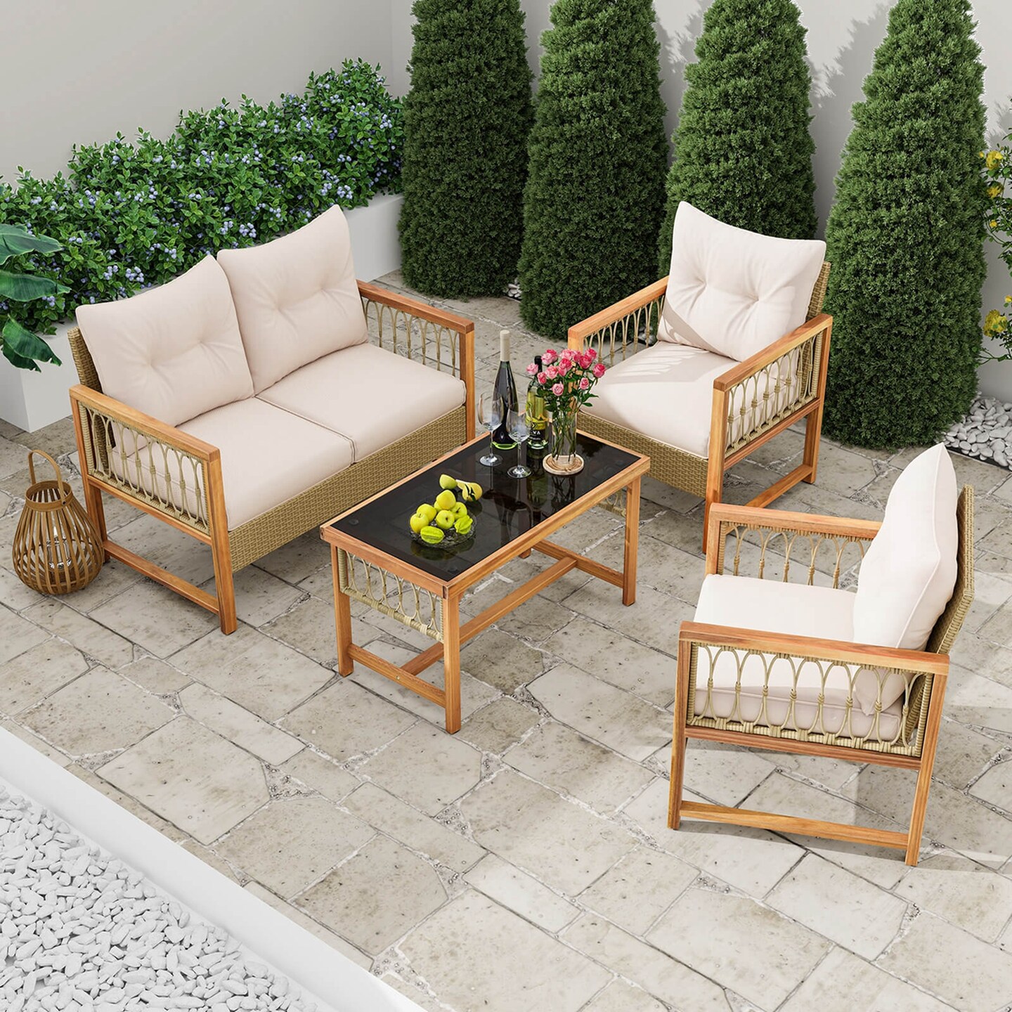 Costway 4 PCS Patio Furniture Set with Acacia Wood Frame Cushions and Coffee Table