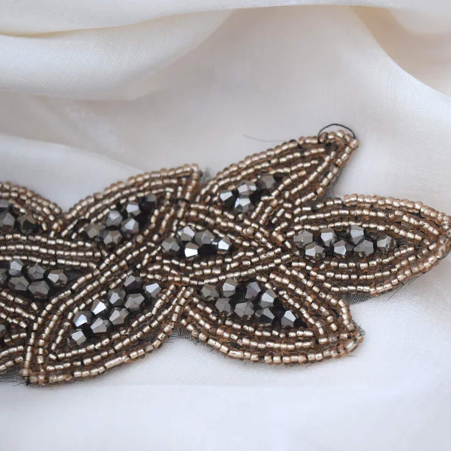 1 Piece 6&#x22;x2&#x22; Taupe Charcoal Beaded Applique Patch Iron On Rhinestone Embellishment