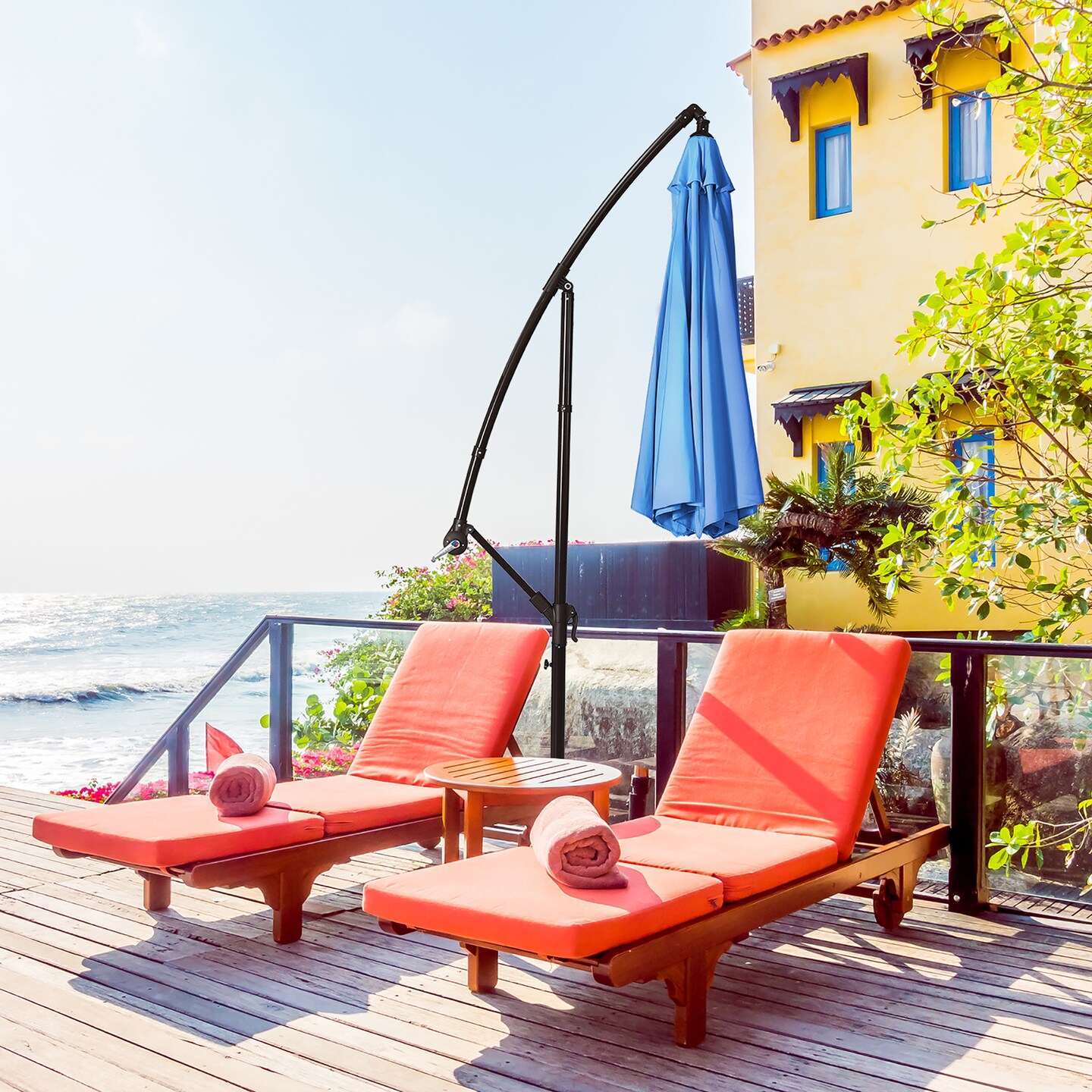 Costway 10FT Patio Offset Hanging Umbrella Easy Tilt Adjustment 8 Ribs Backyard Burgundy\Beige\Tan\Blue