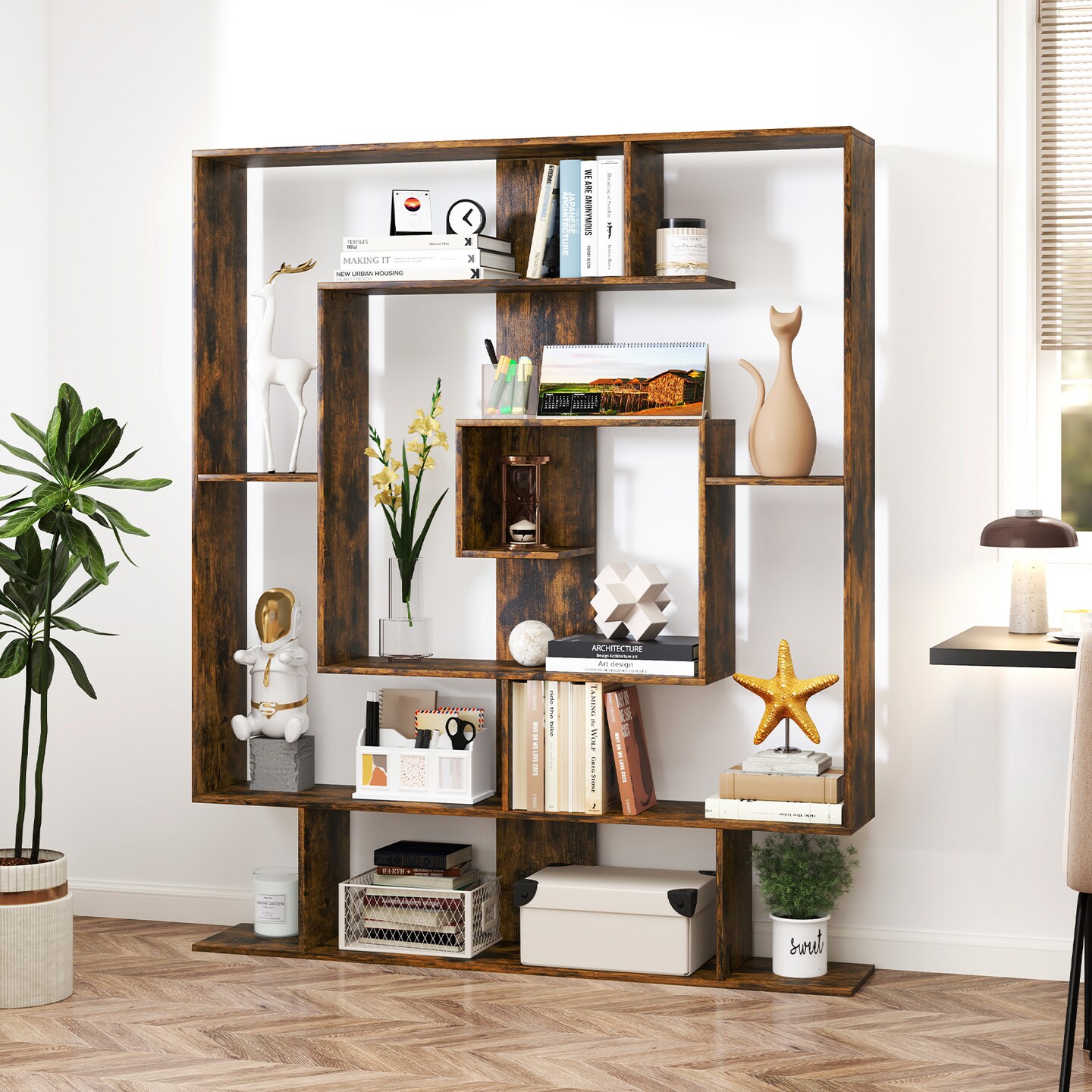 Costway 7-Tier Bookshelf Geometric Bookcase with 2 Anti-Tipping Kits Rustic Brown/White