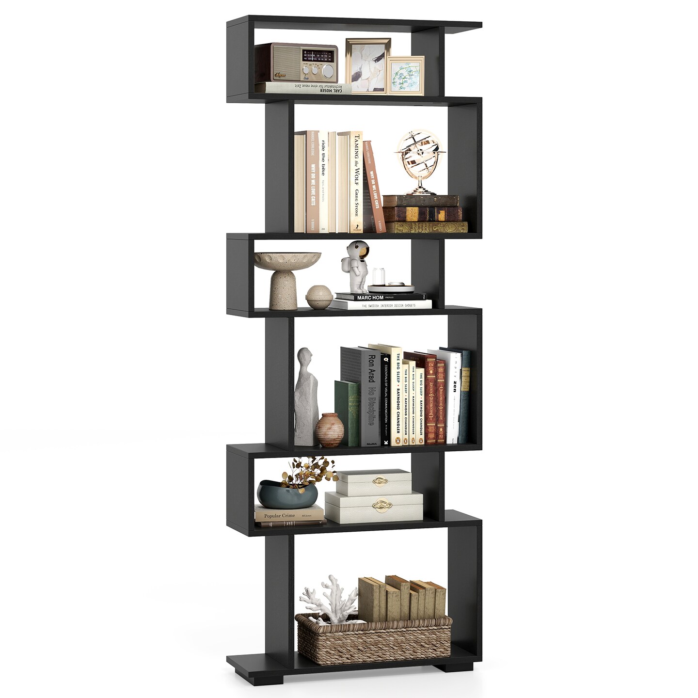 Costway 6-tier Storage Bookshelf S-shaped Geometric Bookcase with Anti-toppling Kits Brown/Black/White