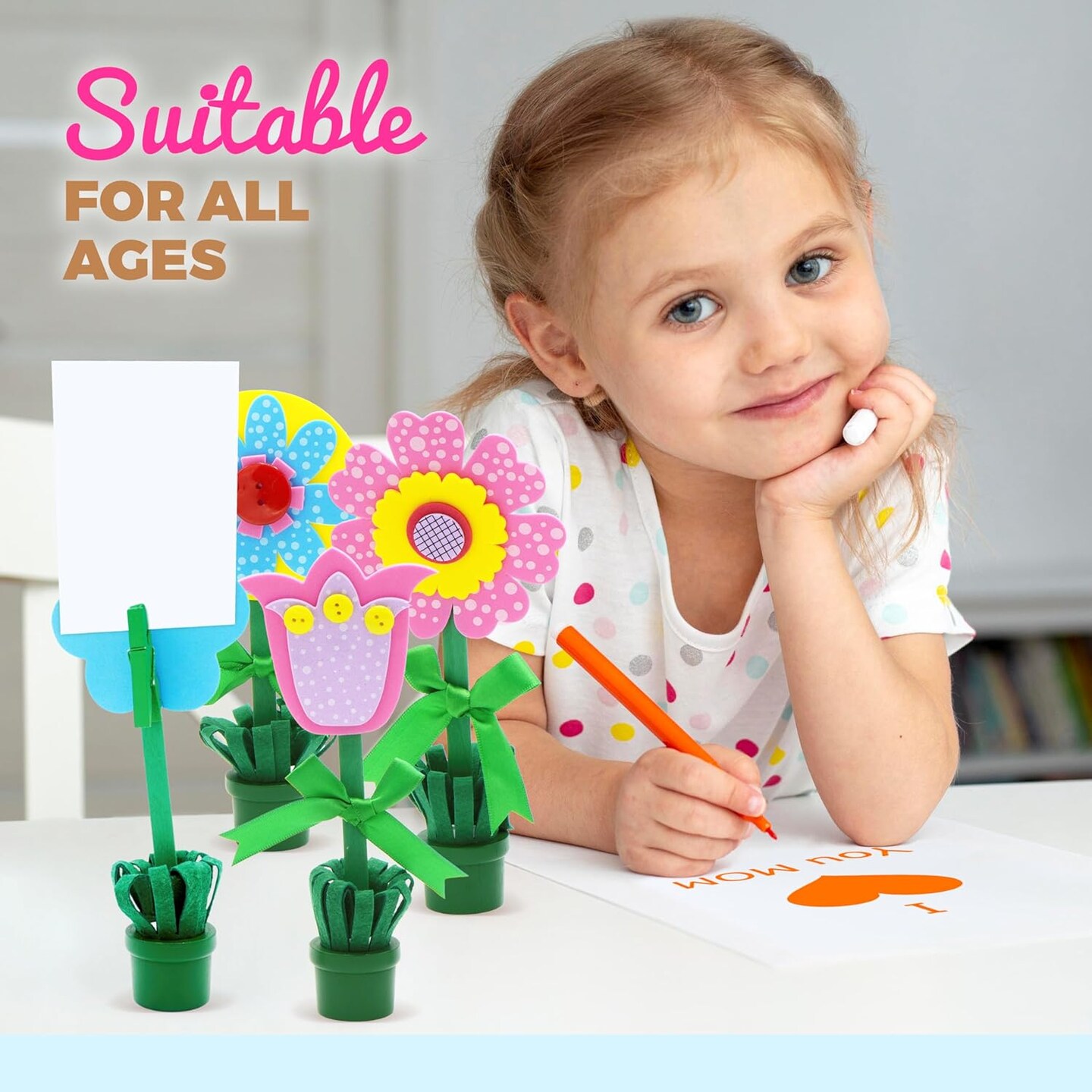 4E's Novelty Foam Flower Pot Craft Kit DIY Bulk 12 Pack Spring Crafts for Kids, Mothers Day Card Holder, Recipe or Picture Holder DIY Mothers Day Gifts from Kids School Classroom Home Activities