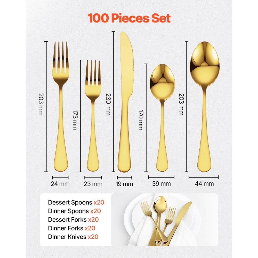 Gold Stainless Steel 100-Piece Flatware Set with Spoons, Forks & Knives