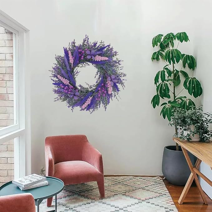 20Inch Purple Lavender Wreath for Front Door,Artificial Lavender, Blueberry, Purple Butterfly,Used for Window, Wall, Porch, and Other Indoor and Outdoor Home Decorations