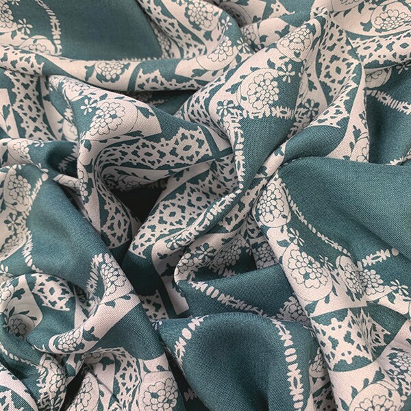 Green and White Lace Look Print Rayon Challis Fabric By the Yard
