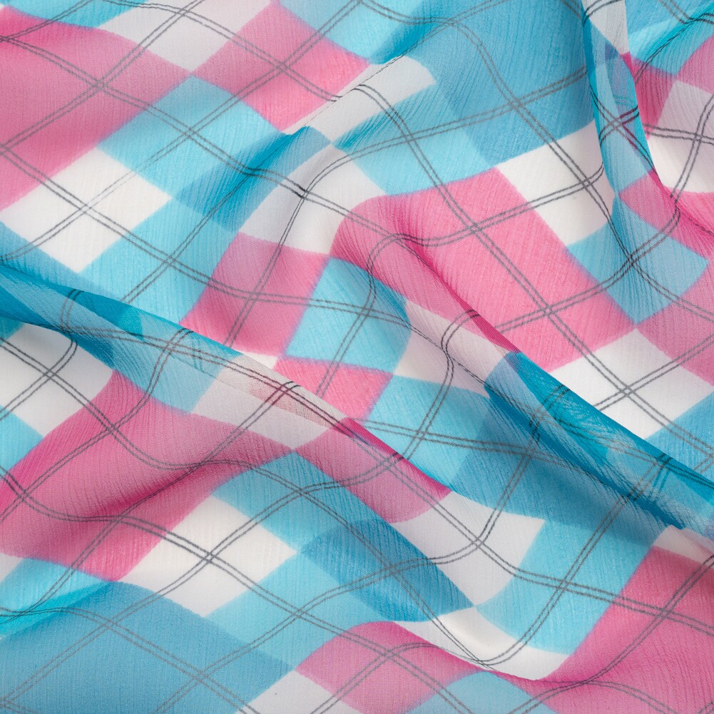 1 Yard Turquoise Pink Cream Argyle Crinkled Silk Chiffon Fabric Diamond Pattern, 54 Inches Wide
