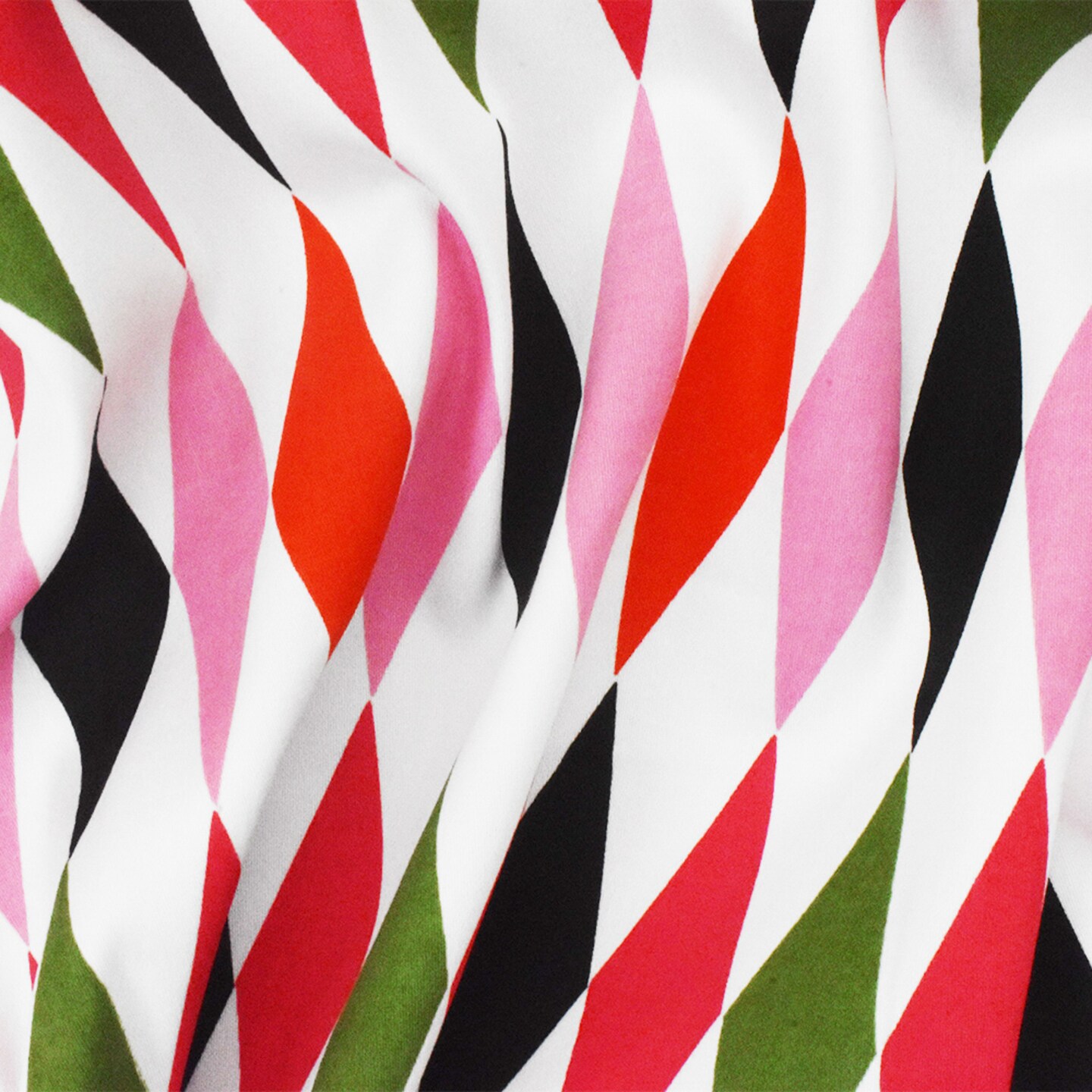 White-Red-Multi Diamond Printed Stretch Cotton Twill Sateen Woven Fabric By the Yard