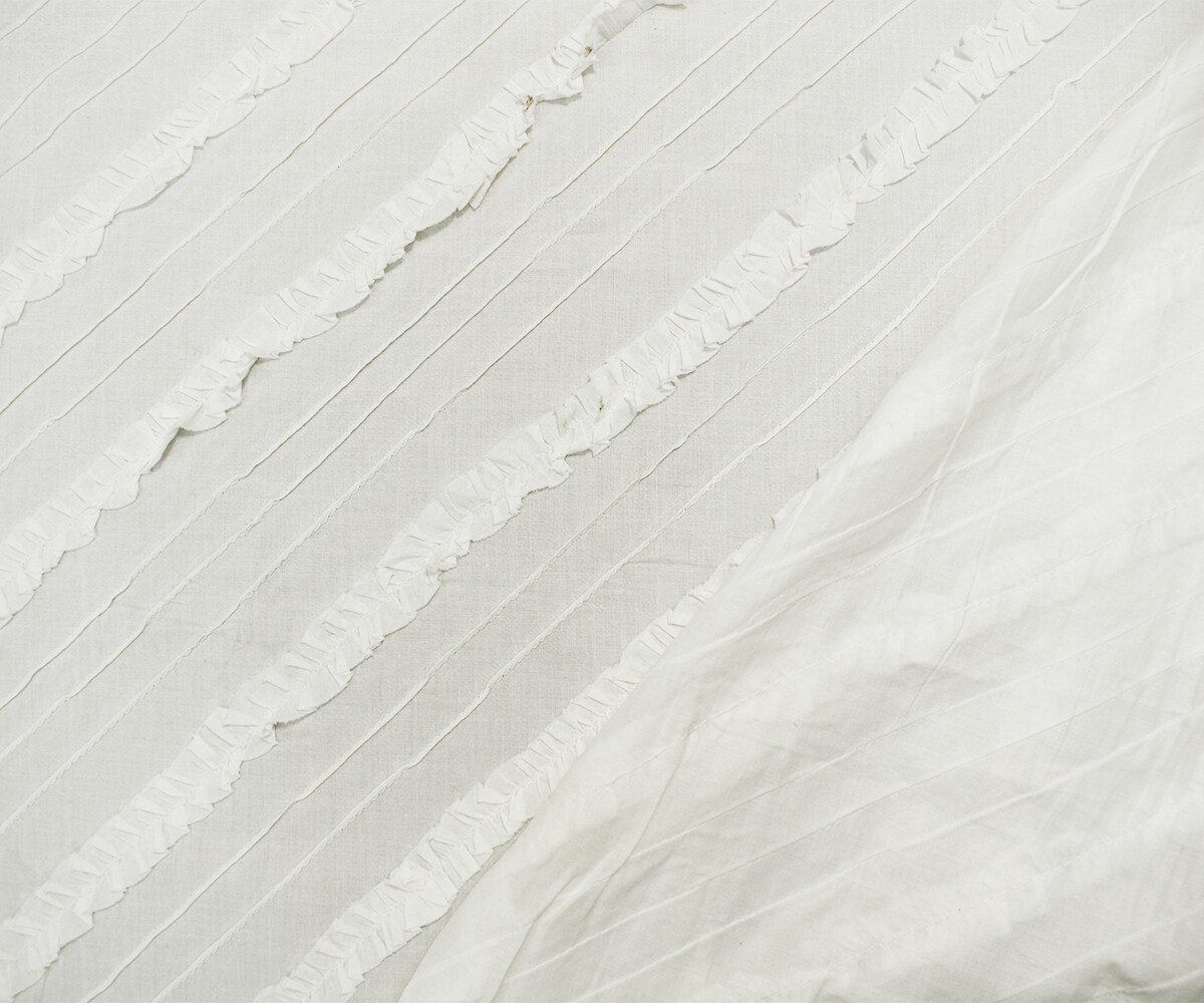 White Cotton Ruffle Pin-Tuck Diagonal Striped Voile Woven Fabric By the Yard