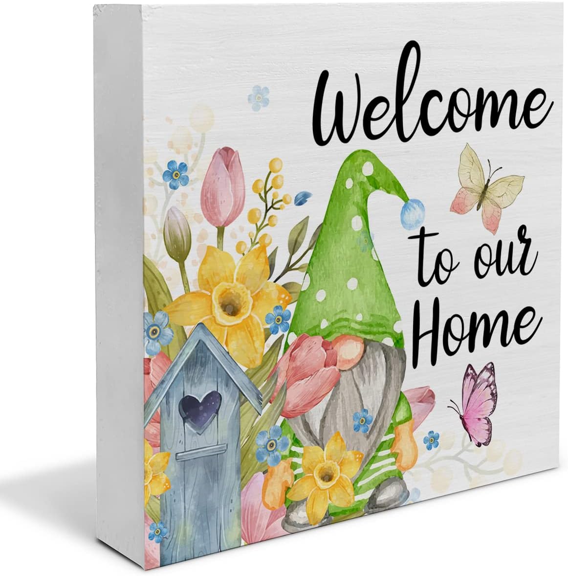 Welcome to Our Home Spring Wooden Box Sign Farmhouse Spring Welcome Gnome Wood Box Sign Art Blocks Desk Shelf Tabletop Home Decor 5 X 5 Inch