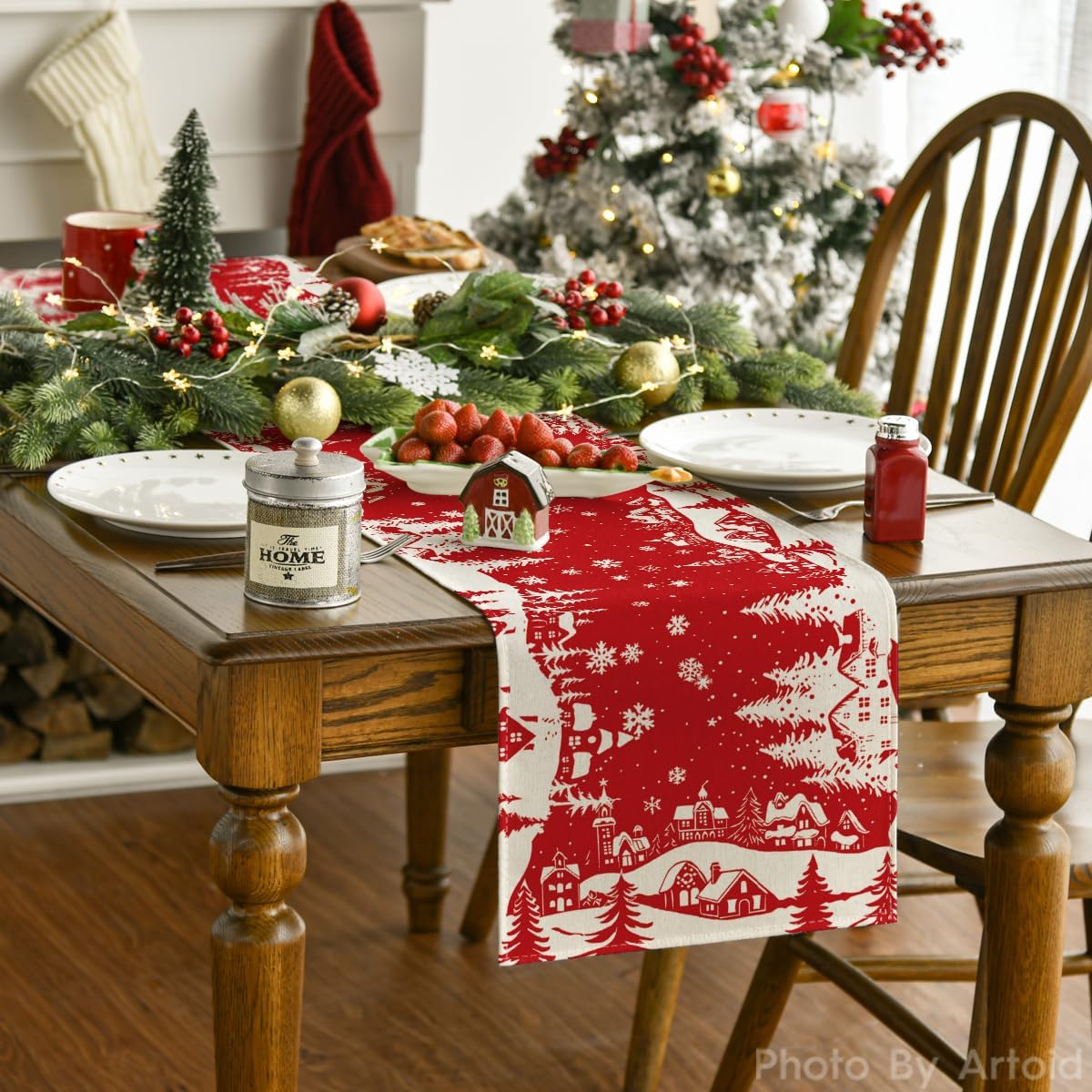 Igloo Pine Snowflake Silhouette Christmas Table Runner, Seasonal Winter Kitchen Dining Table Decor for Home Party 13x72 Inch