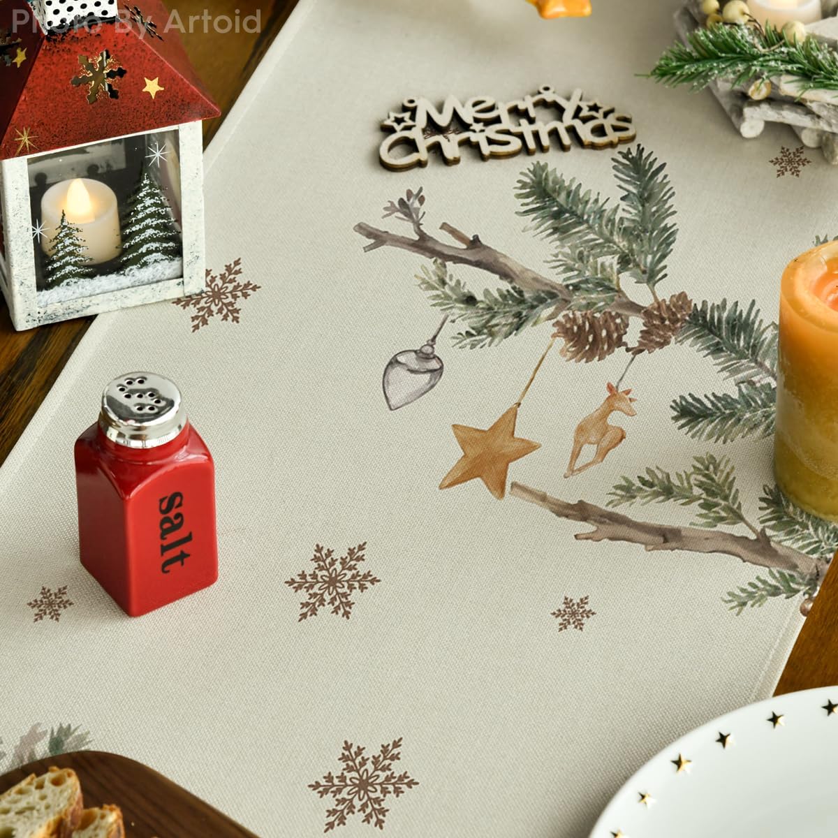 Xmas Pine Ornament Snowflake Merry Christmas Table Runner, Seasonal Winter Kitchen Dining Table Decoration for Home Party Decor 13x72 Inch