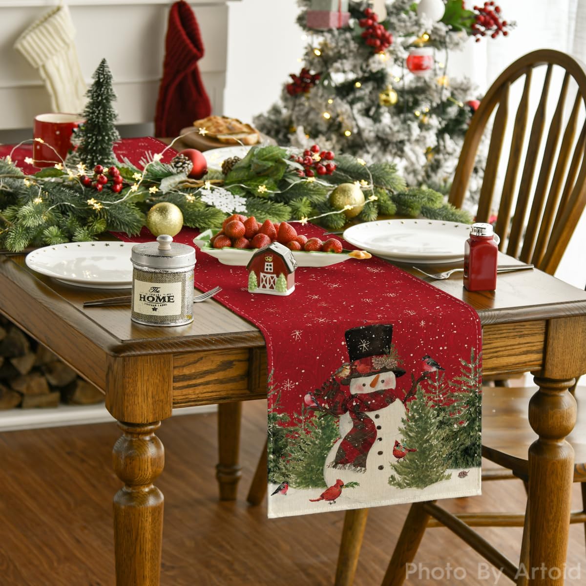 Snowman Christmas Birds Trees Table Runner, Seasonal Winter Xmas Holiday Kitchen Dining Table Decoration for Indoor Outdoor Home Party Decor