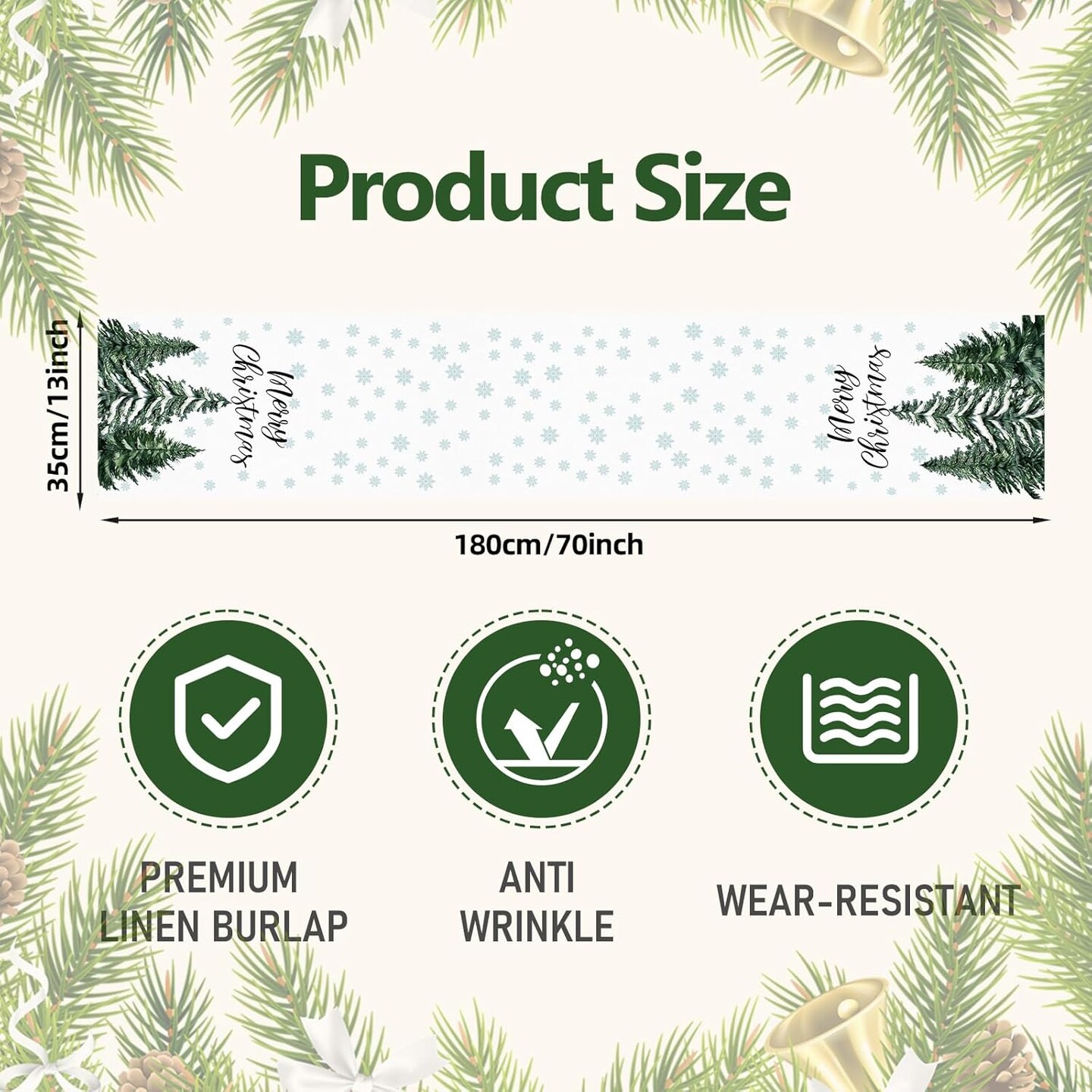 72 x 13 Inch Merry Christmas Table Runner - Snowflakes and Pine Trees Pattern for Holiday, Home, Kitchen, Mantel, Dining Table Decor, Winter Xmas Party Supplies