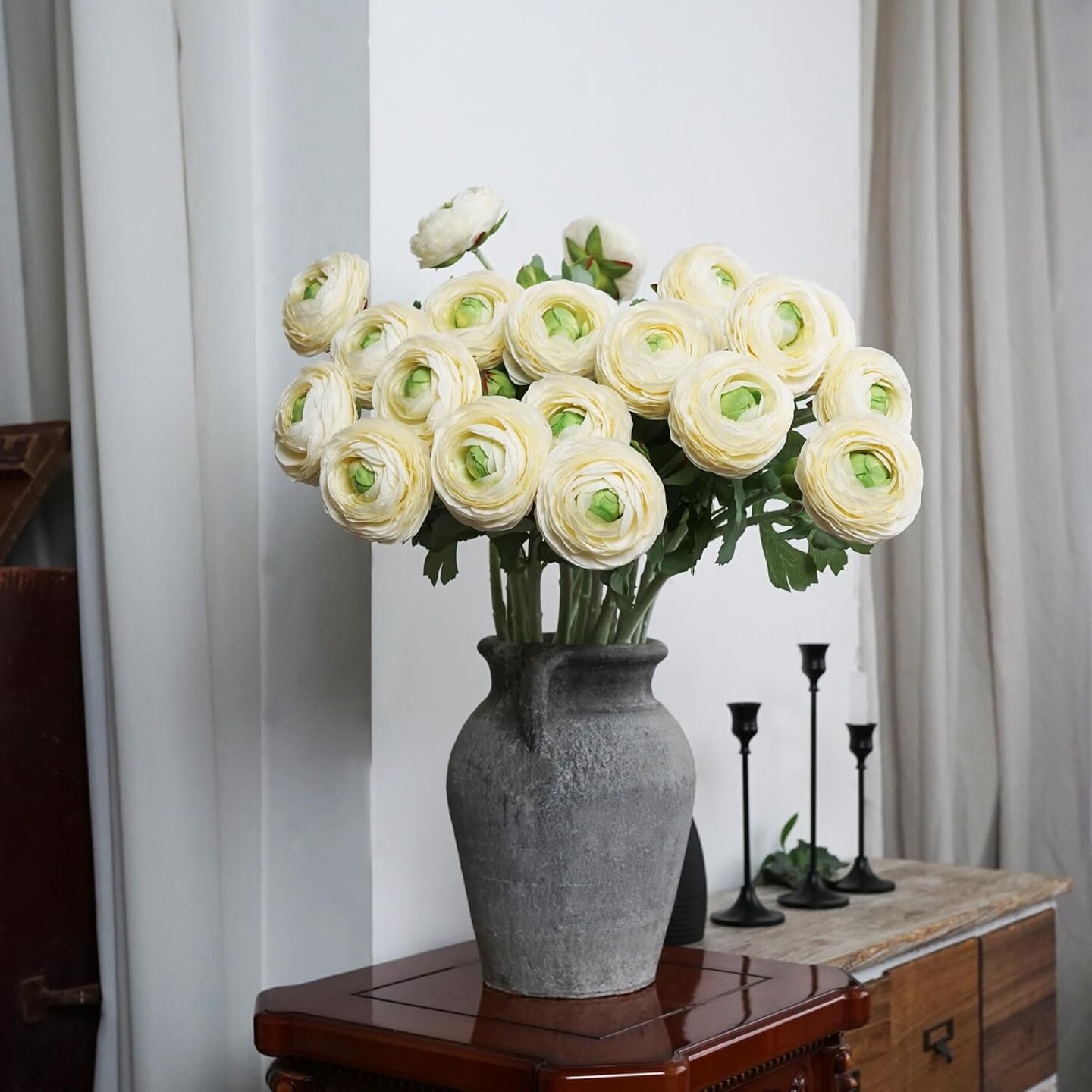 10PCS Artificial Ranunculus Flowers with Real Touch Stem Silk Ranunculus Blooming Flowers Faux Leave for Home Decor Flowers Bouquet Ivory Mums Artificial Flowers