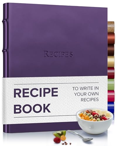 Gallery Leather Recipe book to write your own recipes - 3 Ring Recipe Binder With Protective Plastic Sleeves, Blank Cards, 25 Pocket Pages and Ivory Cards, Refillable - 9.25 x 8 "