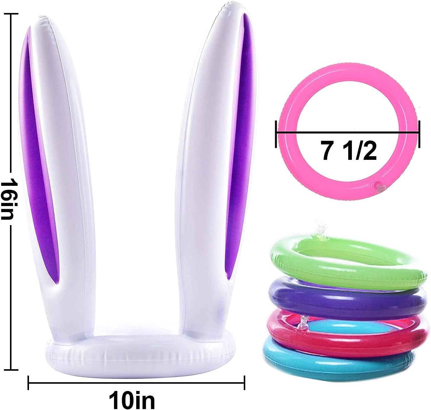 [ 16 Score Rings ] 4 Pack Inflatable Bunny Rabbit Ears Ring Toss Game for Kids Toy Gifts for Carnival Outdoor Game Easter Party Supplies 4 Color Girl Boy Easter Basket Stuffers Hat