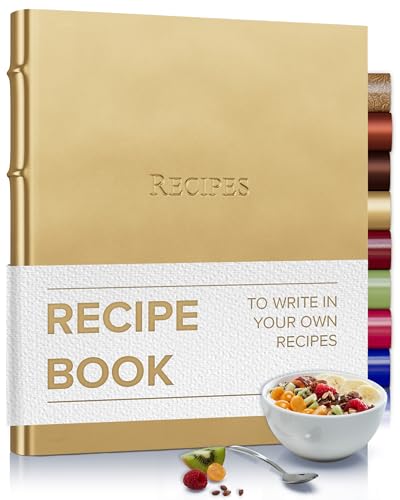 Gallery Leather Recipe book to write your own recipes - 3 Ring Recipe Binder With Protective Plastic Sleeves, Blank Cards, 25 Pocket Pages and Ivory Cards, Refillable - 9.25 x 8 &#x22;