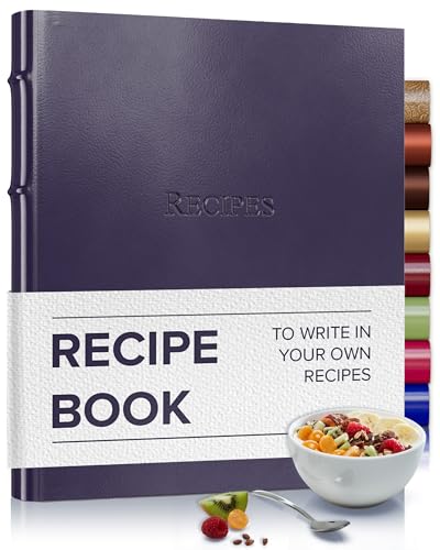Gallery Leather Recipe book to write your own recipes - 3 Ring Recipe Binder With Protective Plastic Sleeves, Blank Cards, 25 Pocket Pages and Ivory Cards, Refillable - 9.25 x 8 &#x22;