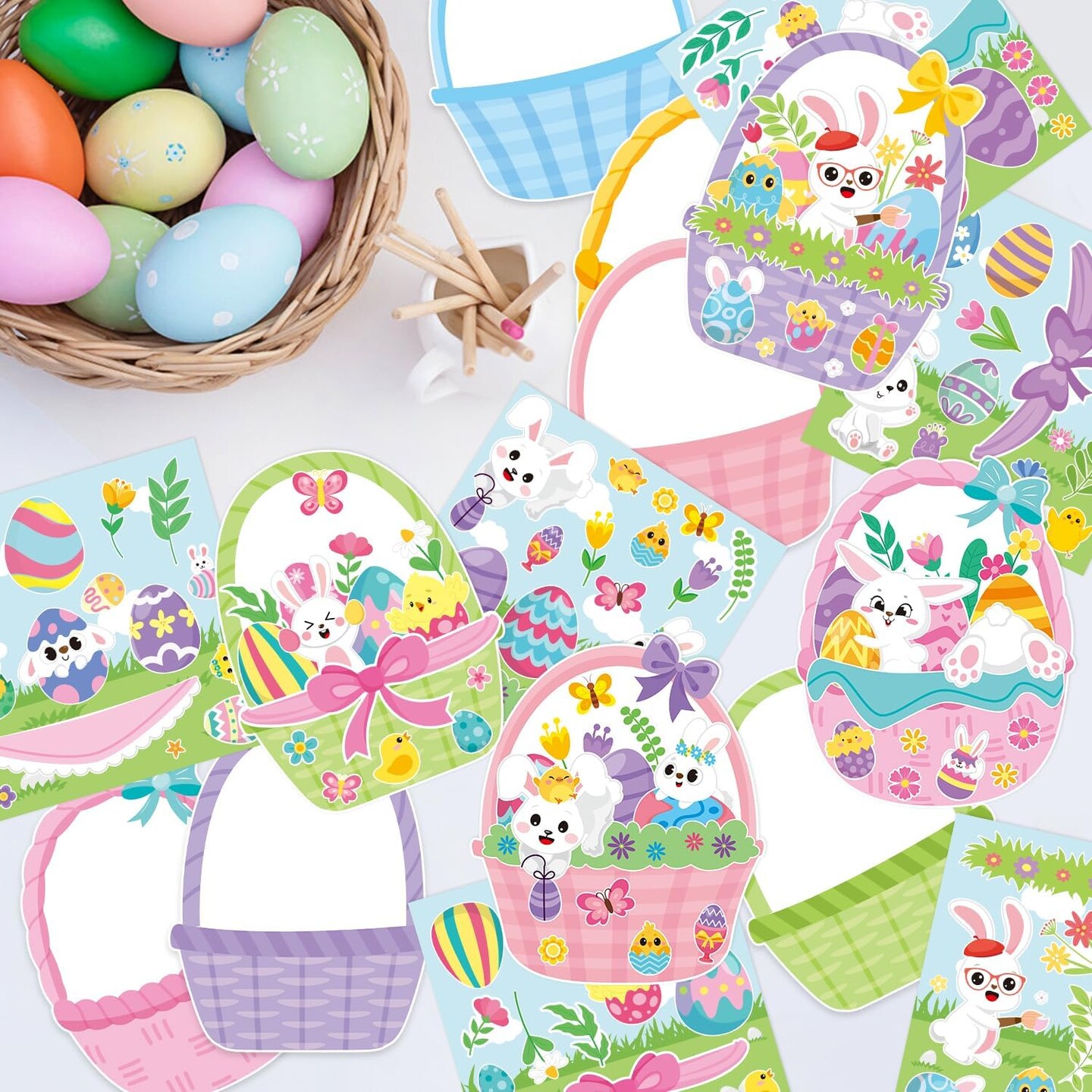 Easter Basket Scene Stickers - 12 Sets of Easter Theme Basket Stuffers Art Craft Kit