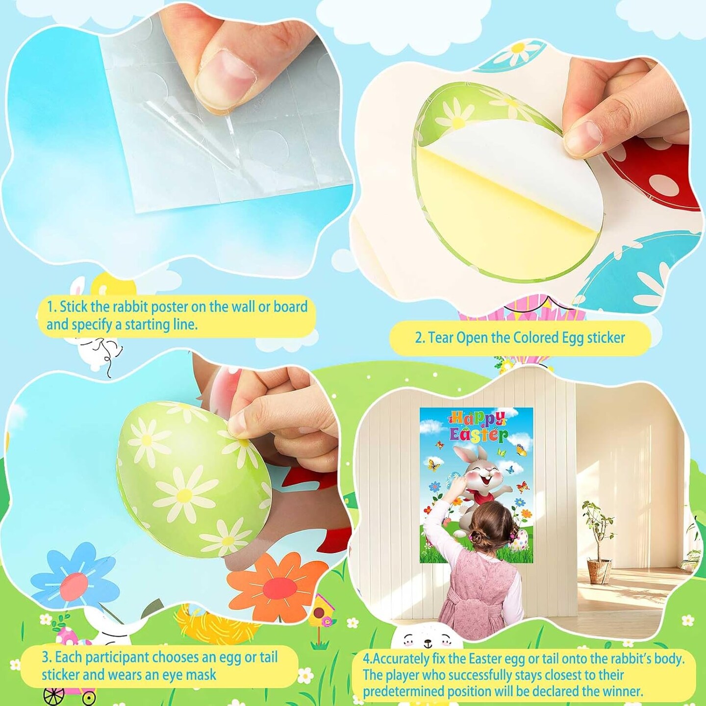 Pin The Tail on The Bunny Easter Games Easter Rabbit Games with 24 Stickers for Easter Party Decorations, Easter Egg Hunt Activities Happy Easter Party Favors Supplies