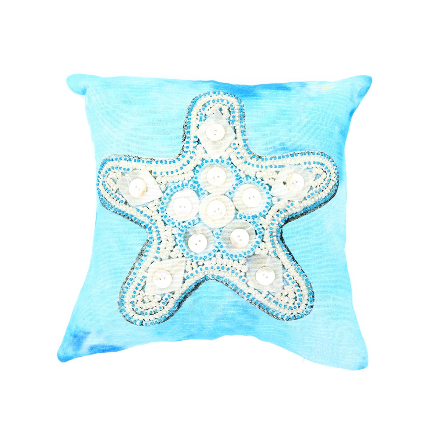 Throw Pillow | Blue & Ivory Starfish Pillow – Hand Embroidered with Beadwork, Coastal Decorative Cushion for Beach Home Décor | 18"x18"