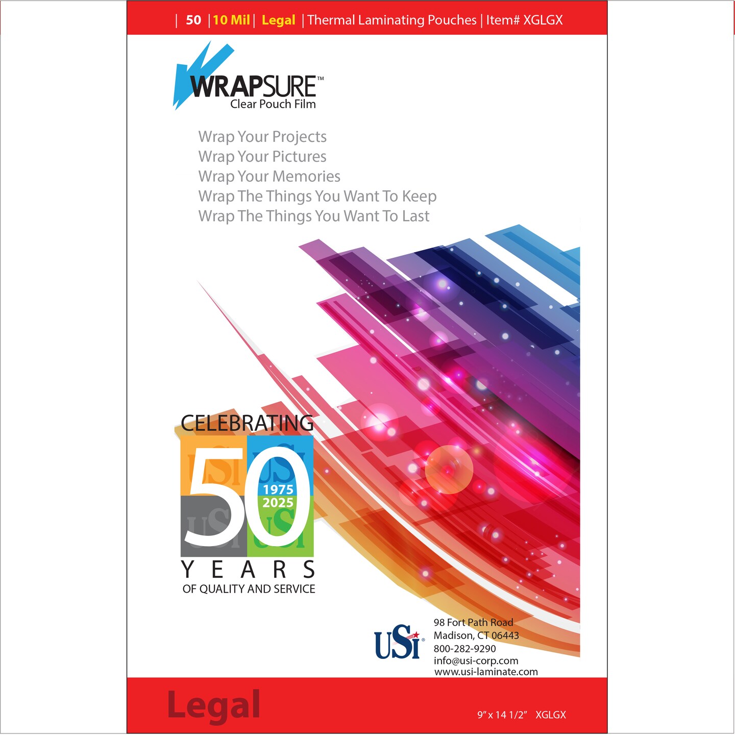 USI WrapSure 10 Mil Thermal Laminating Pouches, 50-Pack, 9&#x22;x 14.5&#x22; Legal Size, Clear Gloss, Rounded Corners