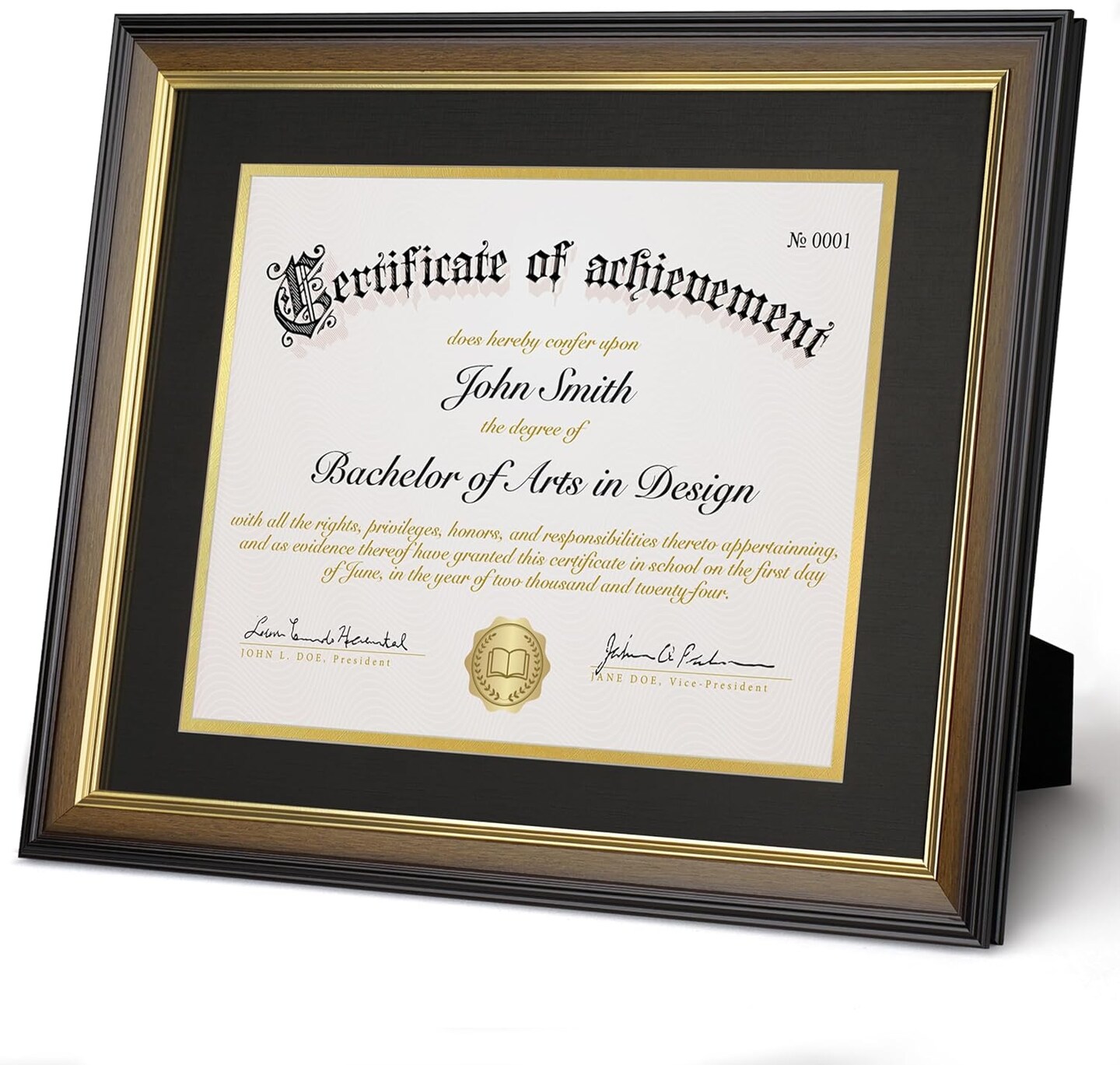 8.5x11 Diploma Frame with Black over Gold Acid-free Mat or Display 11x14 Document without Mat, Certificate Frame with Tempered Glass, Tabletop or Wall Mount (1 Pack, Walnut/Black)