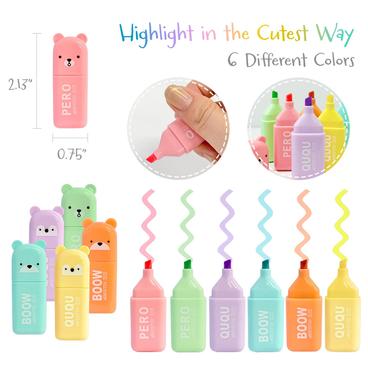 Wrapables Cute and Colorful Highlighters, Marker Pens, Stationery Supplies (Set of 6), Bears