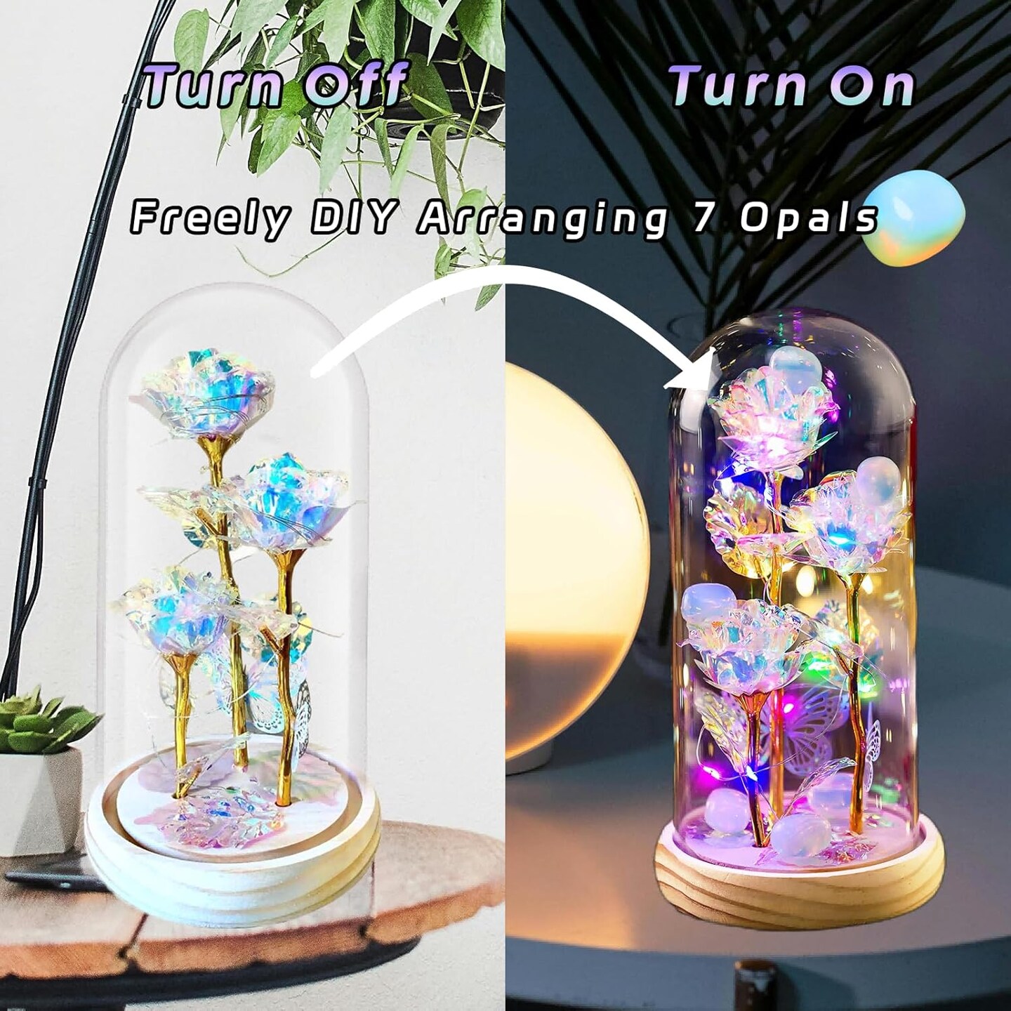 Rainbow Rose Birthday Gifts for Women,Galaxy Glass Flower with Healing Crystals,Light Up Rose in A Glass Dome,Gifts for Mothers Day,Anniversary,Valentines
