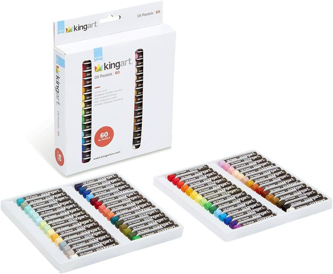 OIL PASTELS, Set of 60 Round Sticks (2.3&#x22; x 0.3&#x22;), Smooth, Vibrant Colors for Paper, Canvas, Wood, Non-Toxic, 60 Colors
