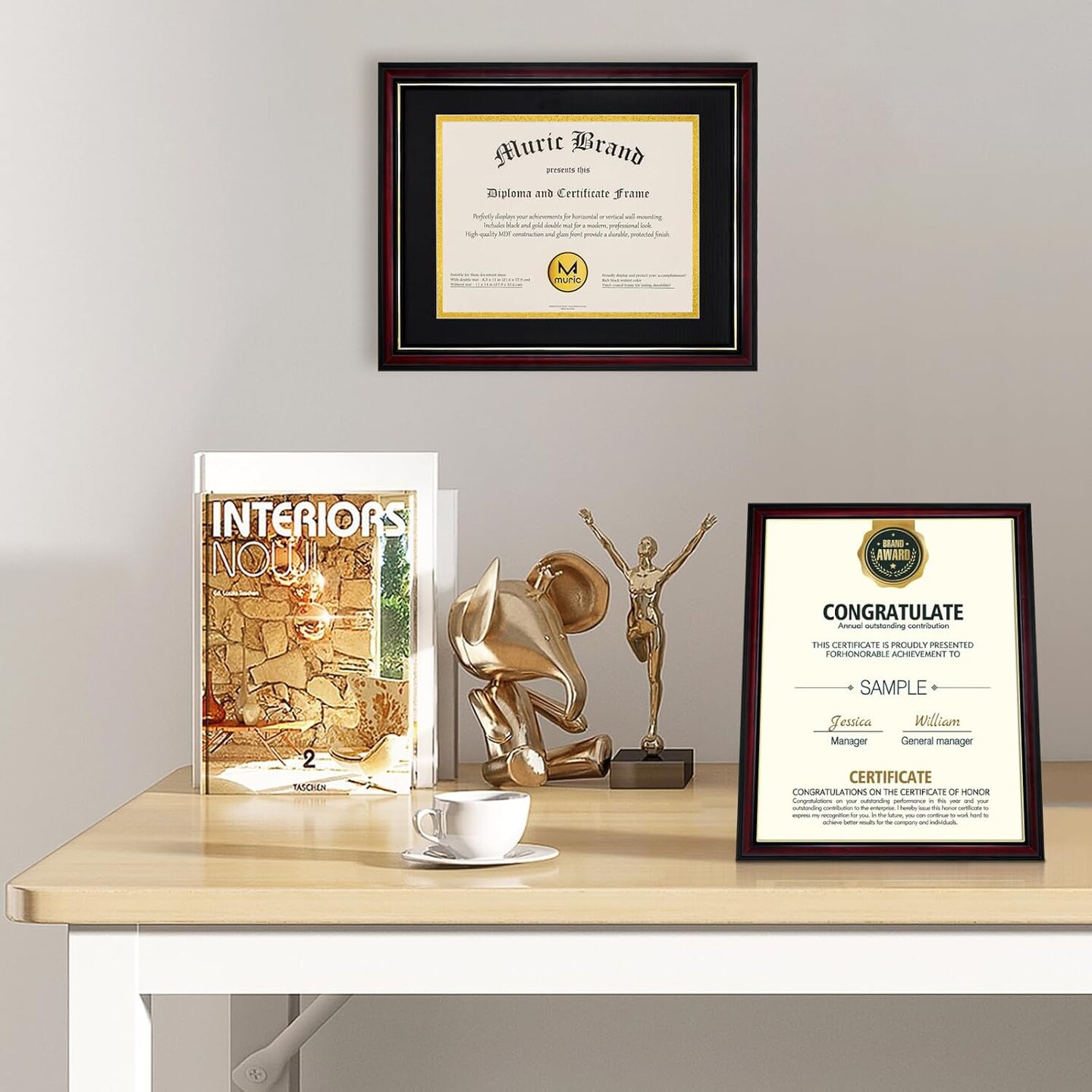 Diploma Frames 8.5 x 11 with Mat Set of 2 Solid Wood Degree frame Covered by Plexiglass, Certificate Frame 11x14 Without Mat, Picture Frame for Wall and Tabletop, Cherry Red with Gold Edge