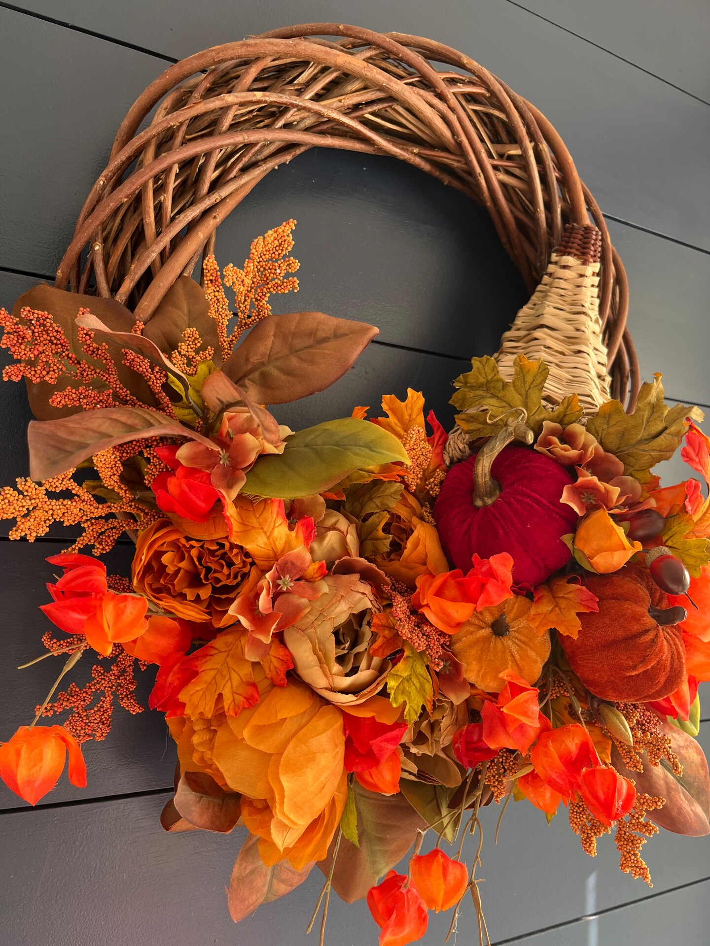 Autumn Harvest Wreath with Cornucopia - Fall Door Decor, Thanksgiving Wreath