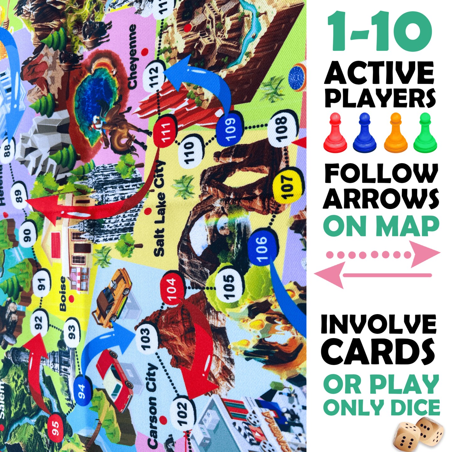 QUOKKA Board Game, 1 to 10 Players | Learning, Educational | Geography, United States | 120 Question Cards, Top Facts | Indoor, Outdoor | Kids, Teens, Adults, Family