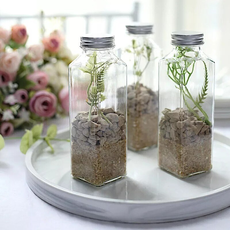 12 Square 12 oz Refillable Glass Bottles Storage Jars Aluminum Caps Party