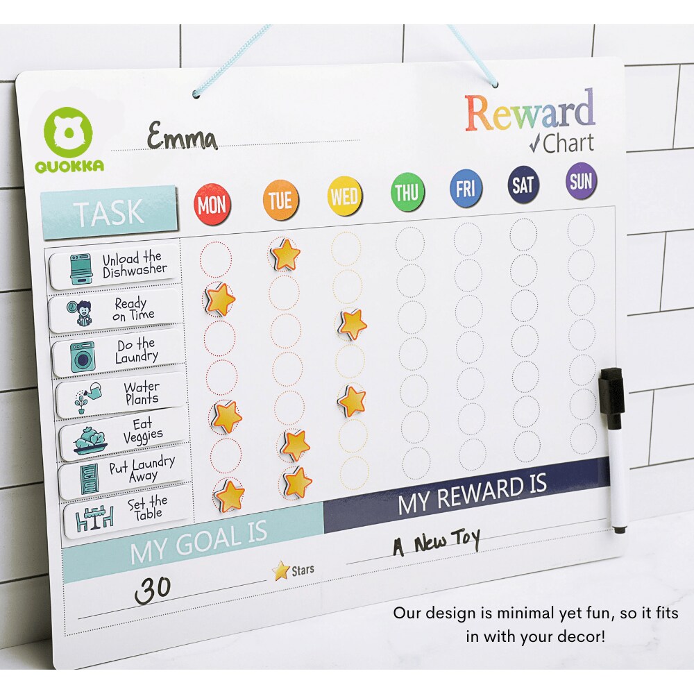 QUOKKA Magnetic Behavior Chore Chart for Kids at Home - Gift Reward Visual Schedule Chart - Dry and Erase Routine and Responsibility - Use 99 Magnets, Markers, Stickers - From Toddlers to Teens