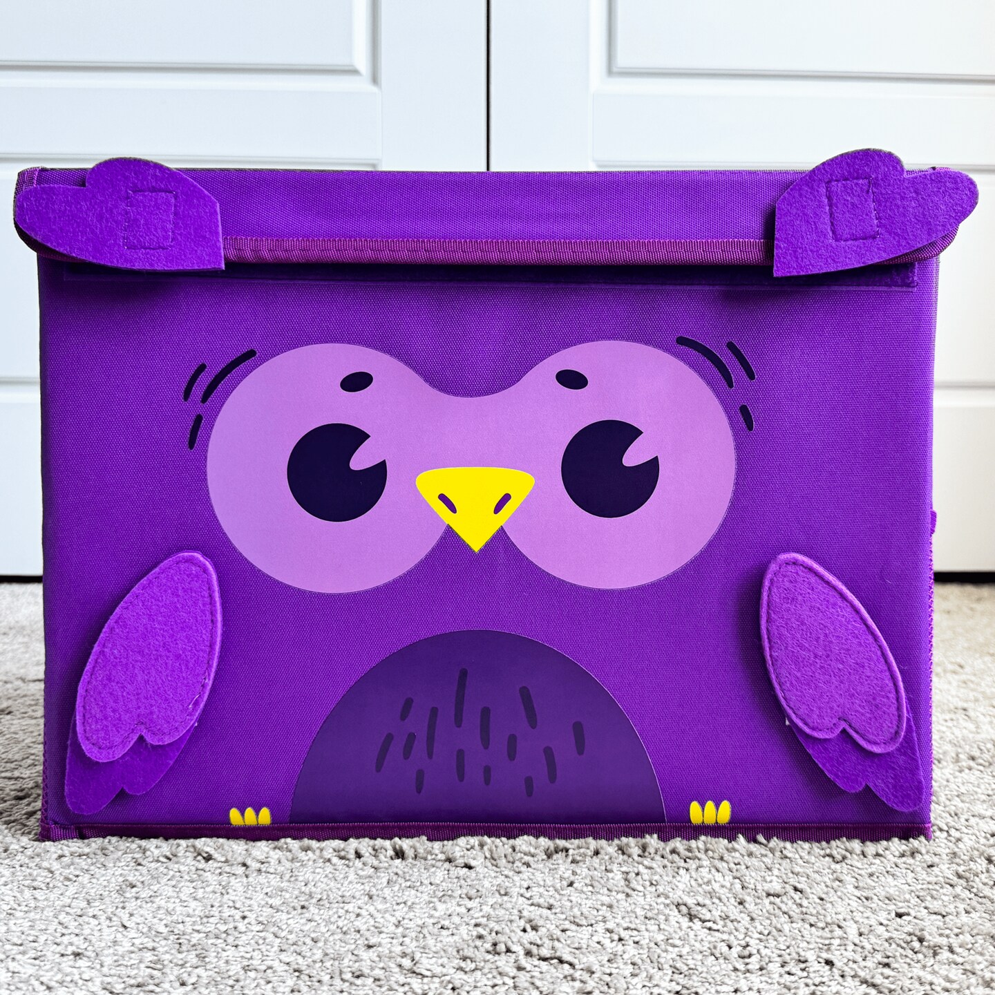 QUOKKA Toy Storage Box for Boys and Girls - 16x12x10 In Owl Toy Chest Organizer for Kids - | Collapsible | Handles | Flip-Top Lids | - Fabric Foldable Bin for Playroom - Nursery Room Organization