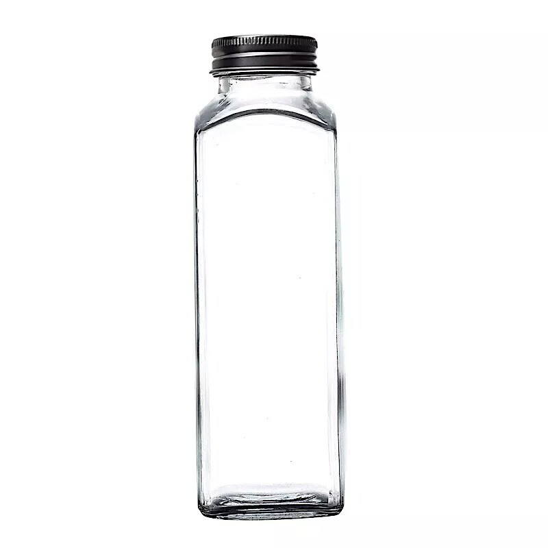 12 Square 12 oz Refillable Glass Bottles Storage Jars Aluminum Caps Party