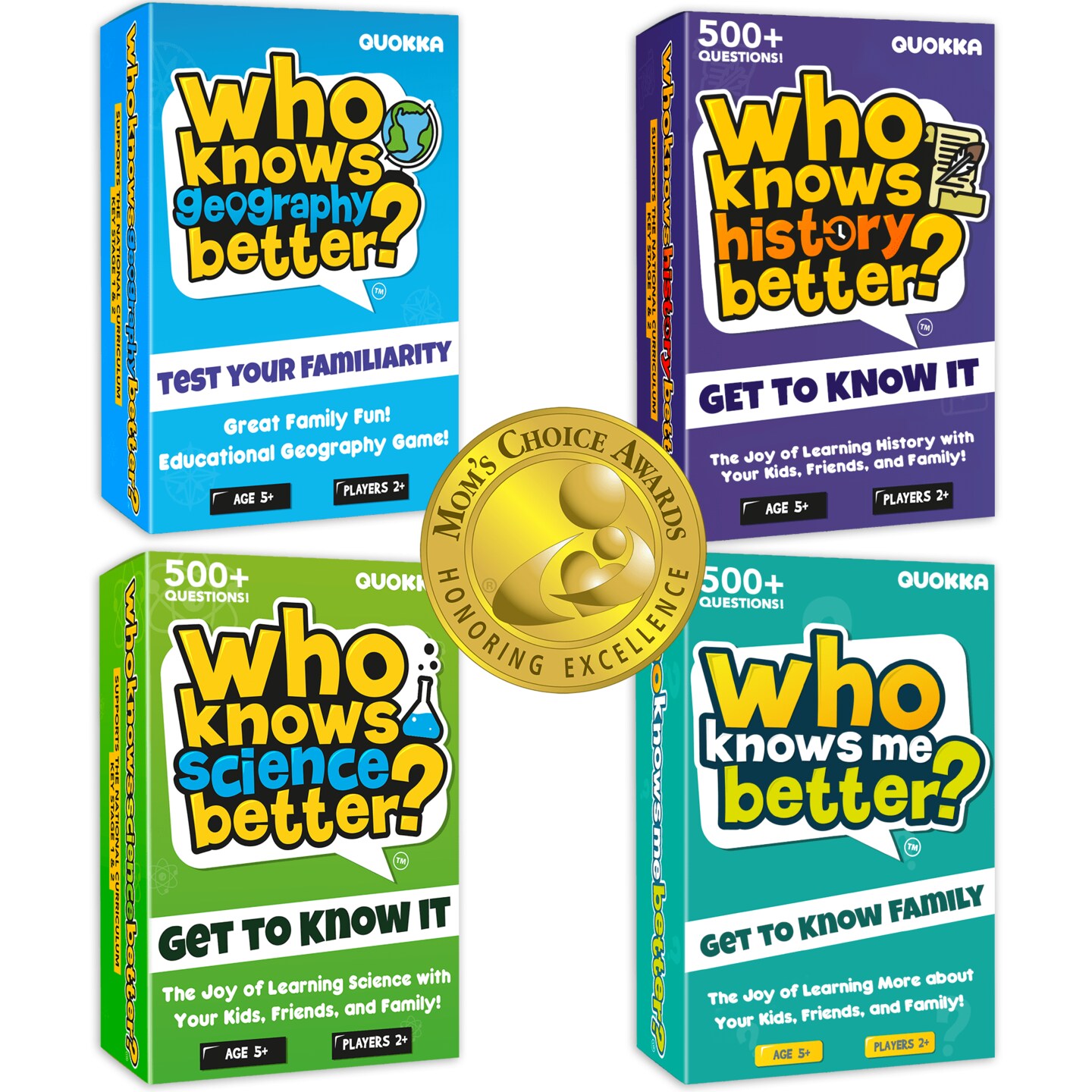 QUOKKA Set 4 in 1 Who Knows Better? - History &#x26; Geography &#x26; Science &#x26; ME Trivia Card Game - Fun &#x26; Educational Quiz Questions for Children &#x26; Families - Suitable for Boys &#x26; Girls Ages 5+