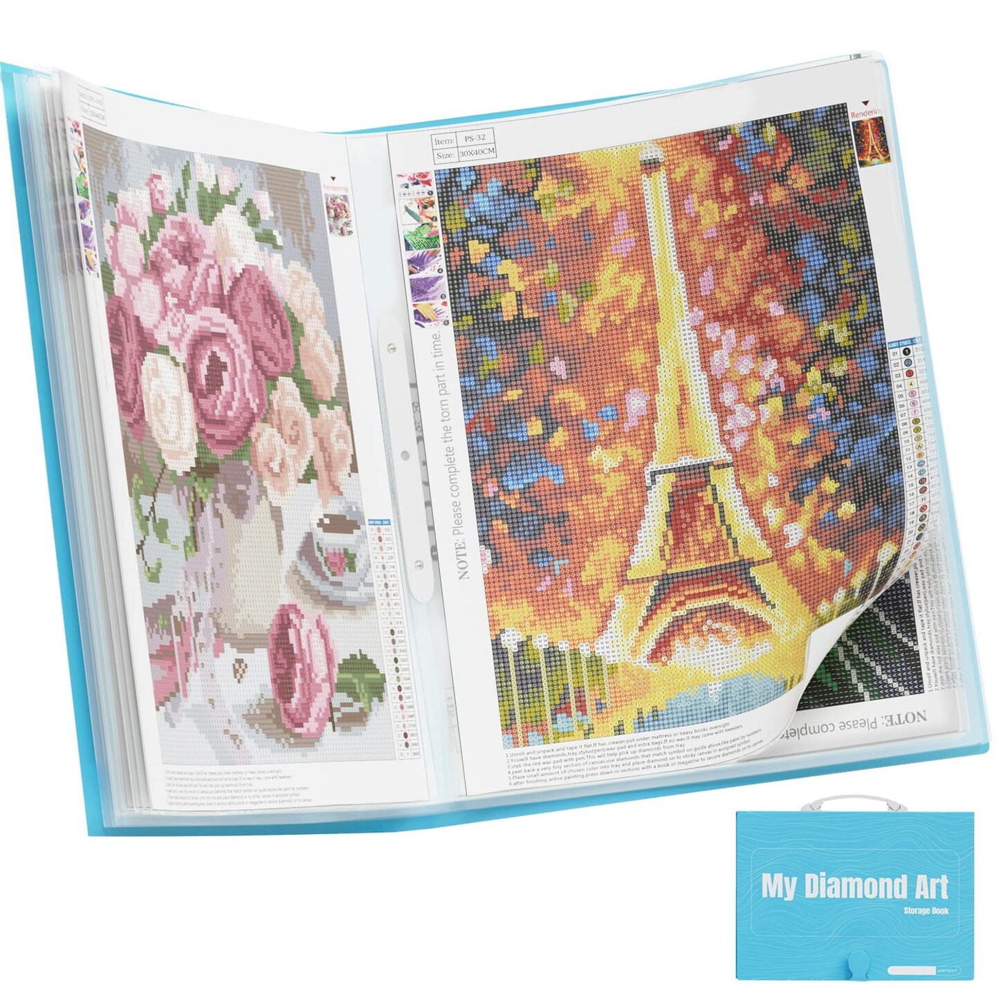 A3 Storage Book for Diamond Art Kits, Portfolio Folder for Diamond Painting Accessories with 30 Pocket Slevees Protectors (16.9x12.4inches)