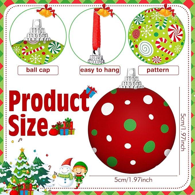 16 Pcs Christmas Ball Ornaments - 2 Inch Shatterproof Red & Green Glitter Baubles - Candy Elf Themed Hanging Xmas Balls with Sequins - Holiday Party Decor for Indoor Trees