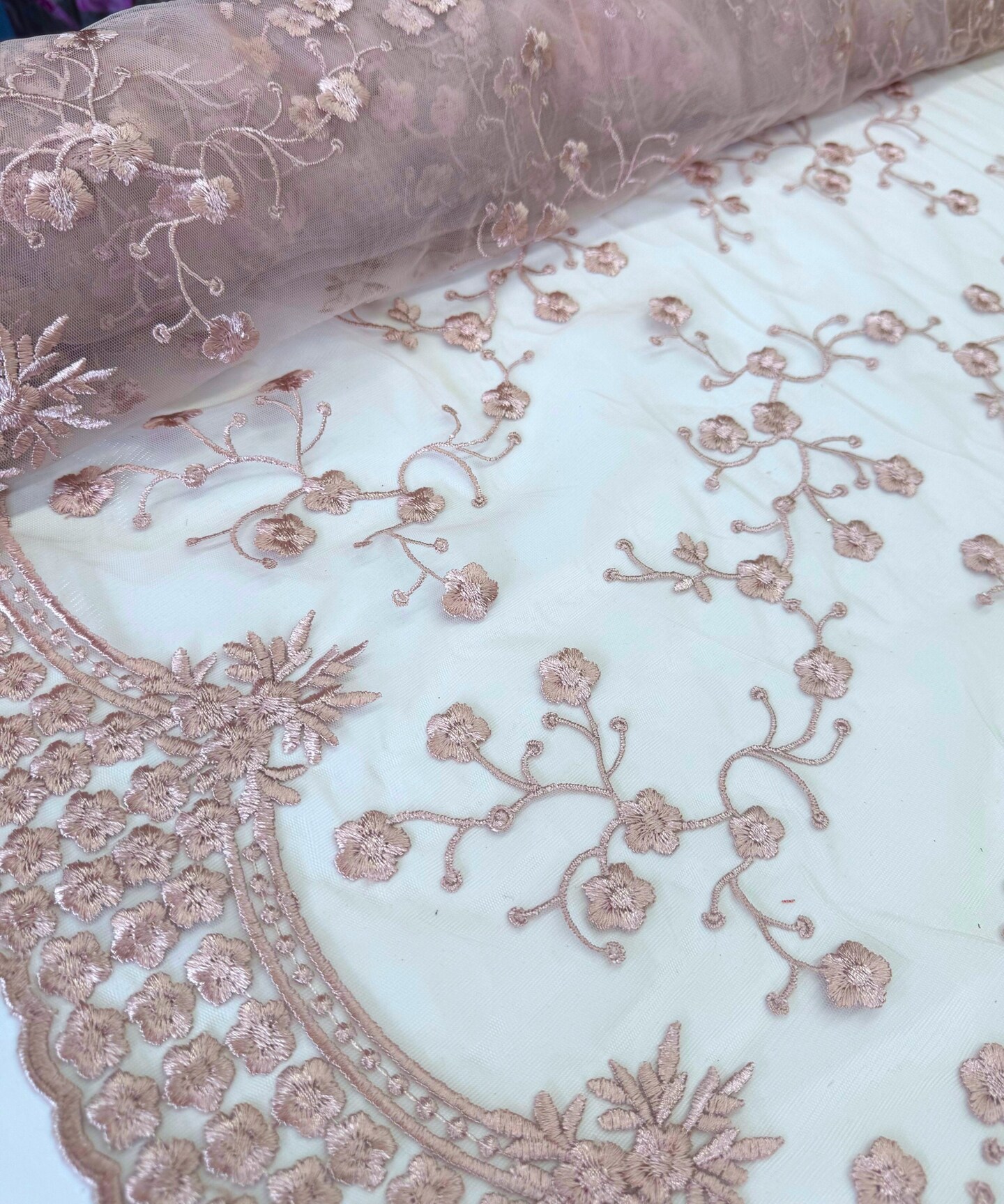 Blush Pink Sequin Embroidered Lace Fabric by the Yard, 54" Wide Floral Mesh Lace with Double Scalloped Edges